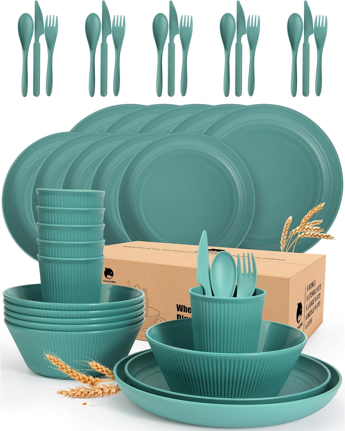 OAMCEG Wheat Straw Dinnerware Sets 42 Pcs, Plastic Wheatstraw Plates and Bowls Sets Kitchen Set for 6, Unbreakable Dishwasher Microwave Safe Dinnerware Dish, Kitchen Outdoor Camping Dishes, White