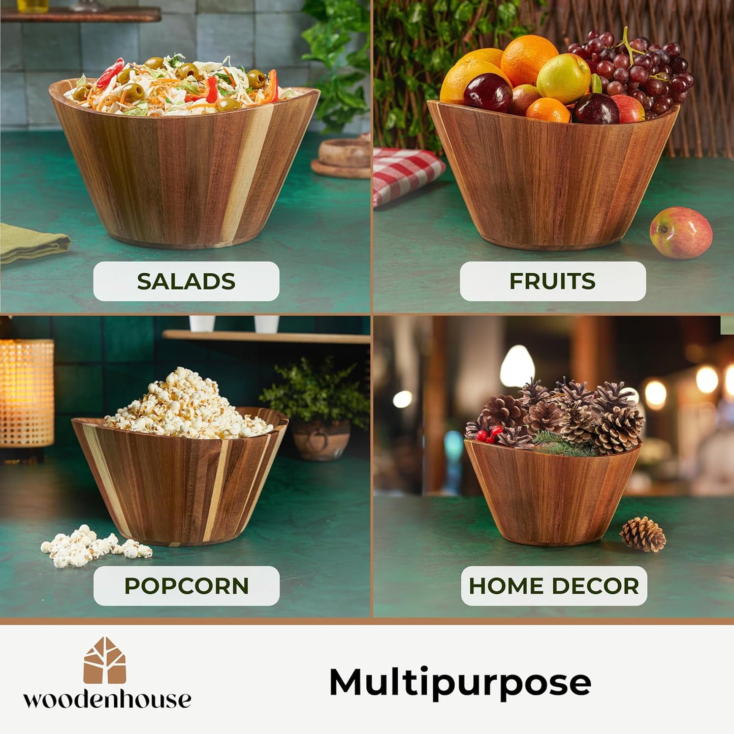 Wooden Salad Bowl Set, Salad Bowls Set of 3 - Wavy Design Salad Bowl Set for Serving, Handmade, Durable and Stylish Natural Wood Dining Accessory by Woodenhouse