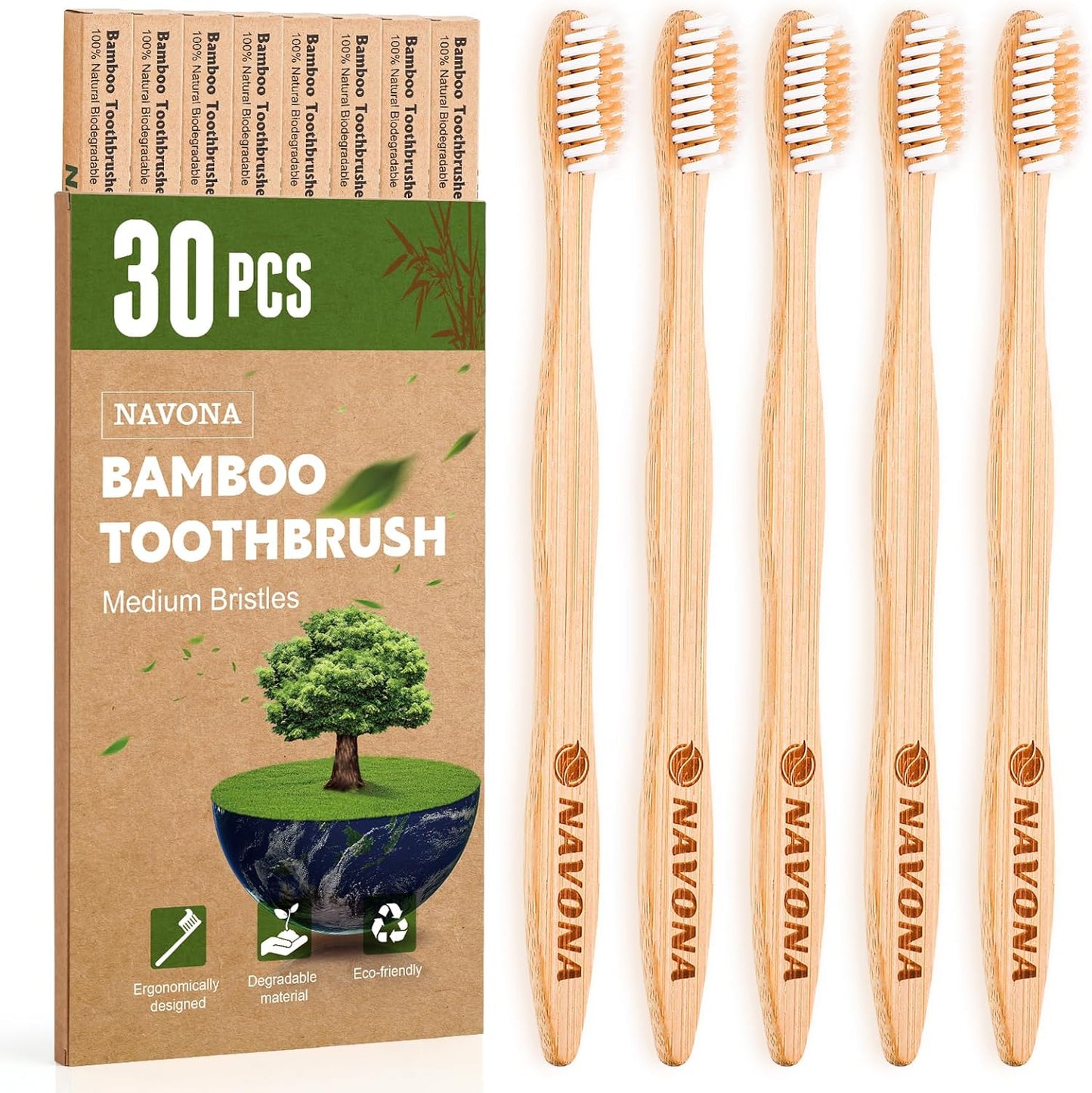 Navona 30 PCS Bamboo Toothbrushes Pack, BPA Free Medium Bristles Toothbrushes for Adults, Eco-Friendly Natural Wooden Toothbrush Bulk, Box of Two Reusable Travel Toothbrush