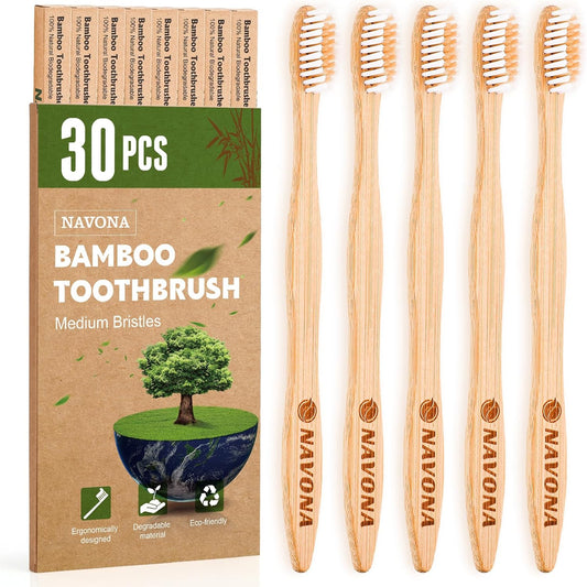 Navona 30 PCS Bamboo Toothbrushes Pack, BPA Free Medium Bristles Toothbrushes for Adults, Eco-Friendly Natural Wooden Toothbrush Bulk, Box of Two Reusable Travel Toothbrush