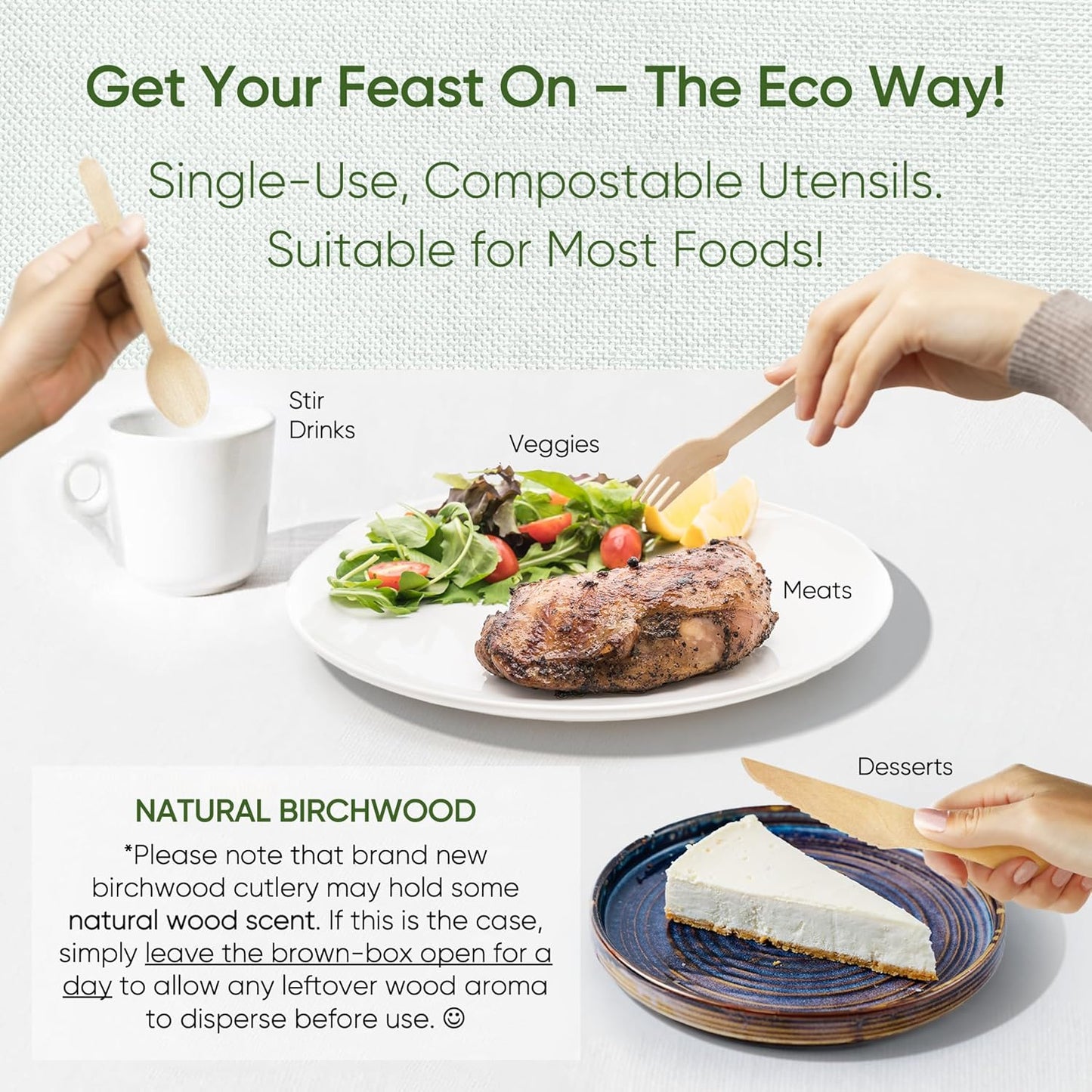 100% Compostable Wooden Cutlery Set (360 PCS - 150 Forks, 125 Spoons, 85 Knives) Eco-Friendly, Natural, Biodegradable Disposable Utensils Set | Birch Wood Disposable Forks, Knives, and Spoons