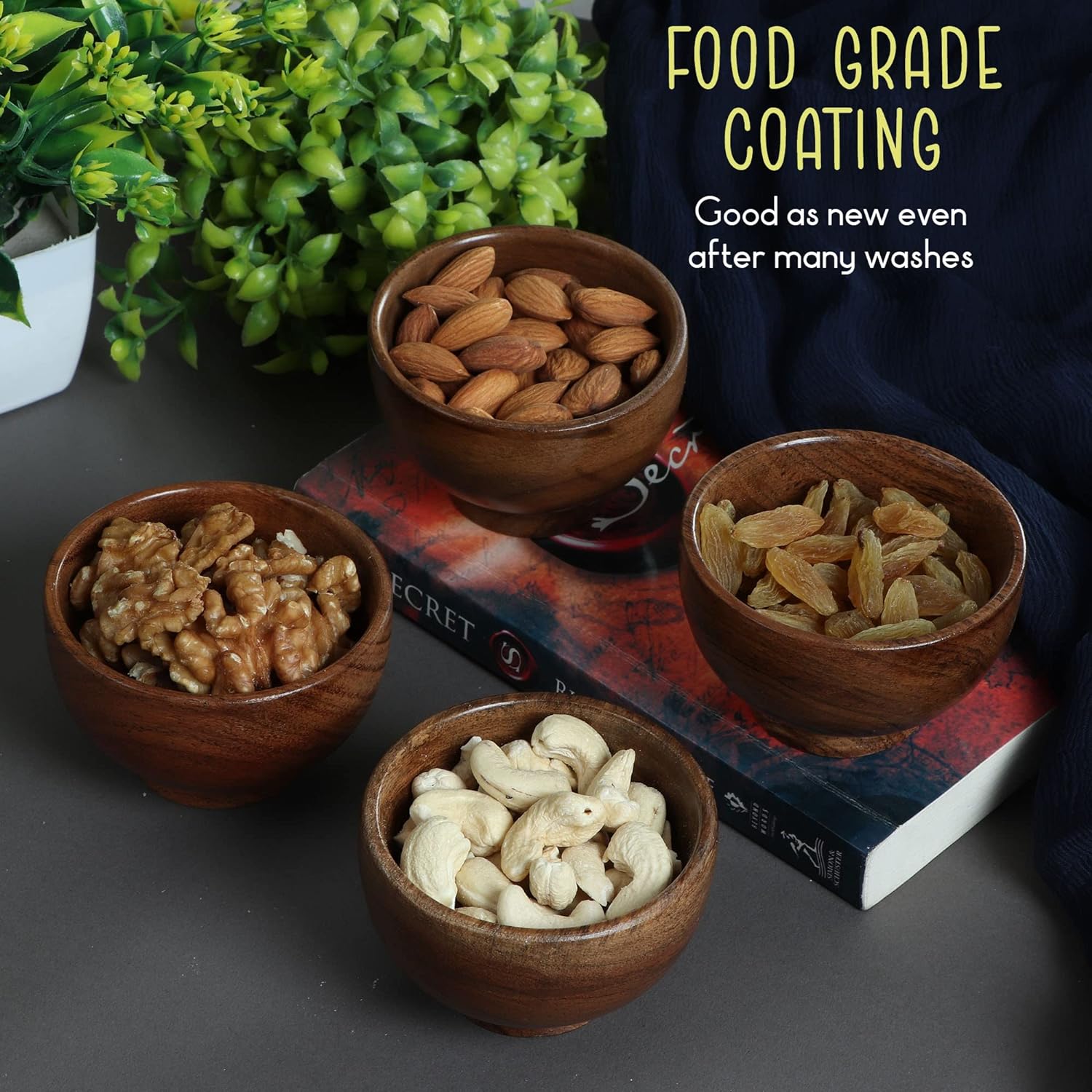 Set of 6 Acacia Wood Small Bowls, 4 Fl Oz 3.25 * 2 Inches | Hand Carved Wooden Kitchen Mini Cups for Dipping Sauce, Salsa, Prep, Salt & Condiments | Charcuterie Board Accessories