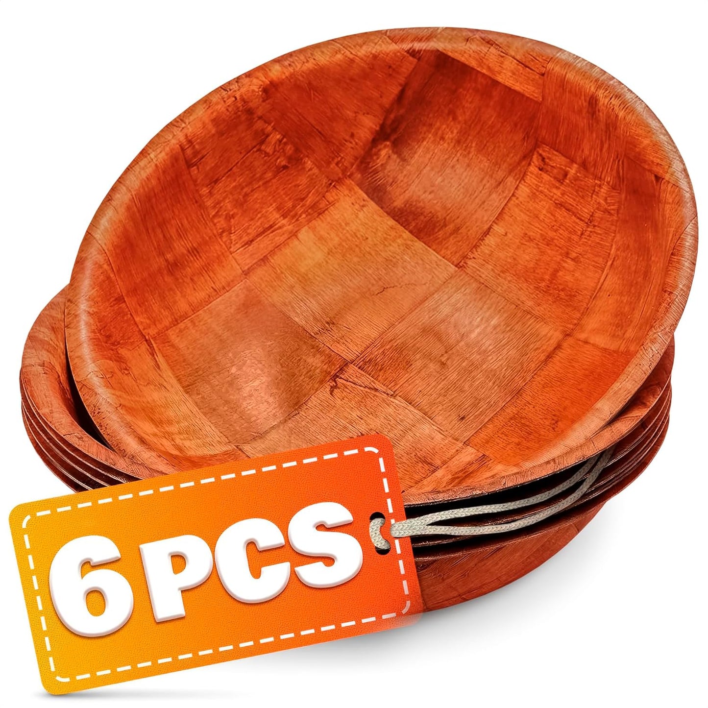 HYQO 6 Pcs Wooden Salad Bowls Large Serving - 8” Wooden Dinner Plates Set 2” Deep with Square Pattern Design for Food, Fruits & Snacks, Entertaining & Decorating - Lightweight, Scratch-Proof