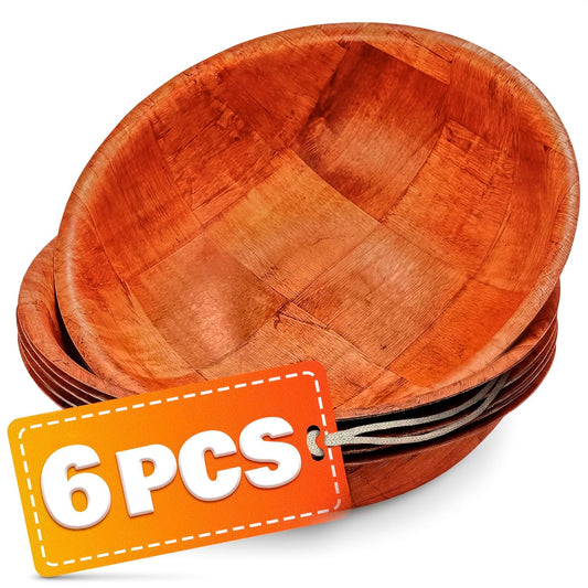 HYQO 6 Pcs Wooden Salad Bowls Large Serving - 8” Wooden Dinner Plates Set 2” Deep with Square Pattern Design for Food, Fruits & Snacks, Entertaining & Decorating - Lightweight, Scratch-Proof