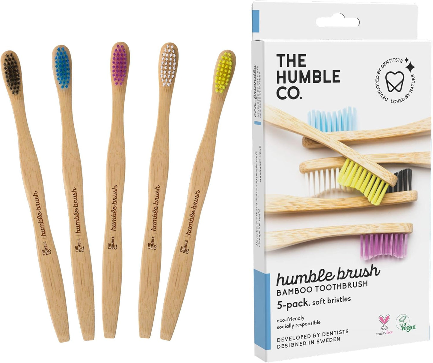 The Humble Co. Bamboo Toothbrushes (5pk) – Toothbrushes for Superior Oral Care, Dental Hygiene, and Gum Care, BPA Free (Soft Bristles)