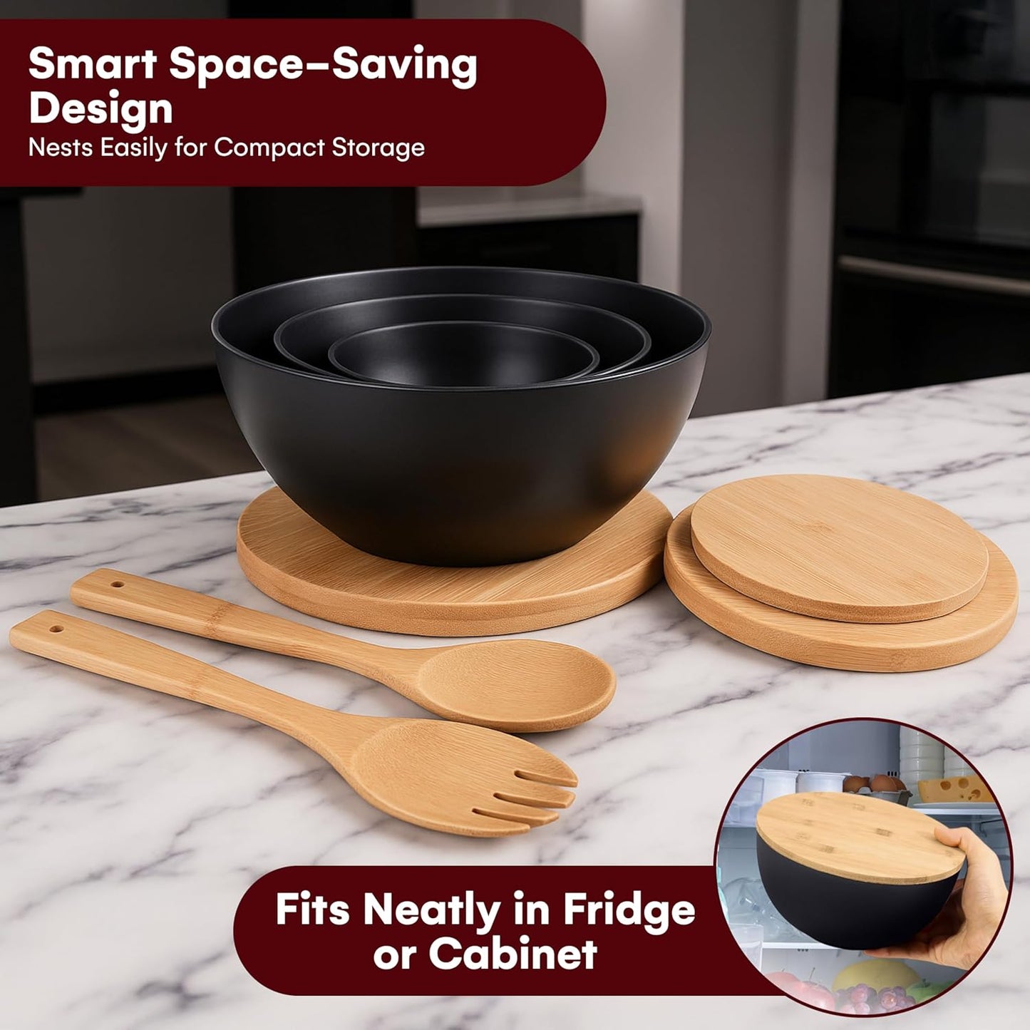 Vdomus Salad Serving Bowls with Lids - 5X10X10-Inch Bamboo Fiber Bowl Set with Wooden Lids - Multi-Purpose Bowl and Board Set for Kitchen - Mixing Bowl Set for Serving and Preparing Food - Set of 3