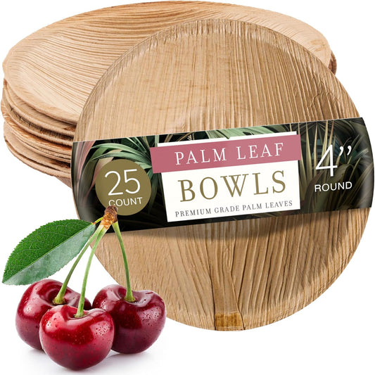 Brheez Palm Leaf Disposable Party Bowls - 4 Inch, 25 Pack, Compostable, Bamboo Look, Heavy Duty, Ecofriendly