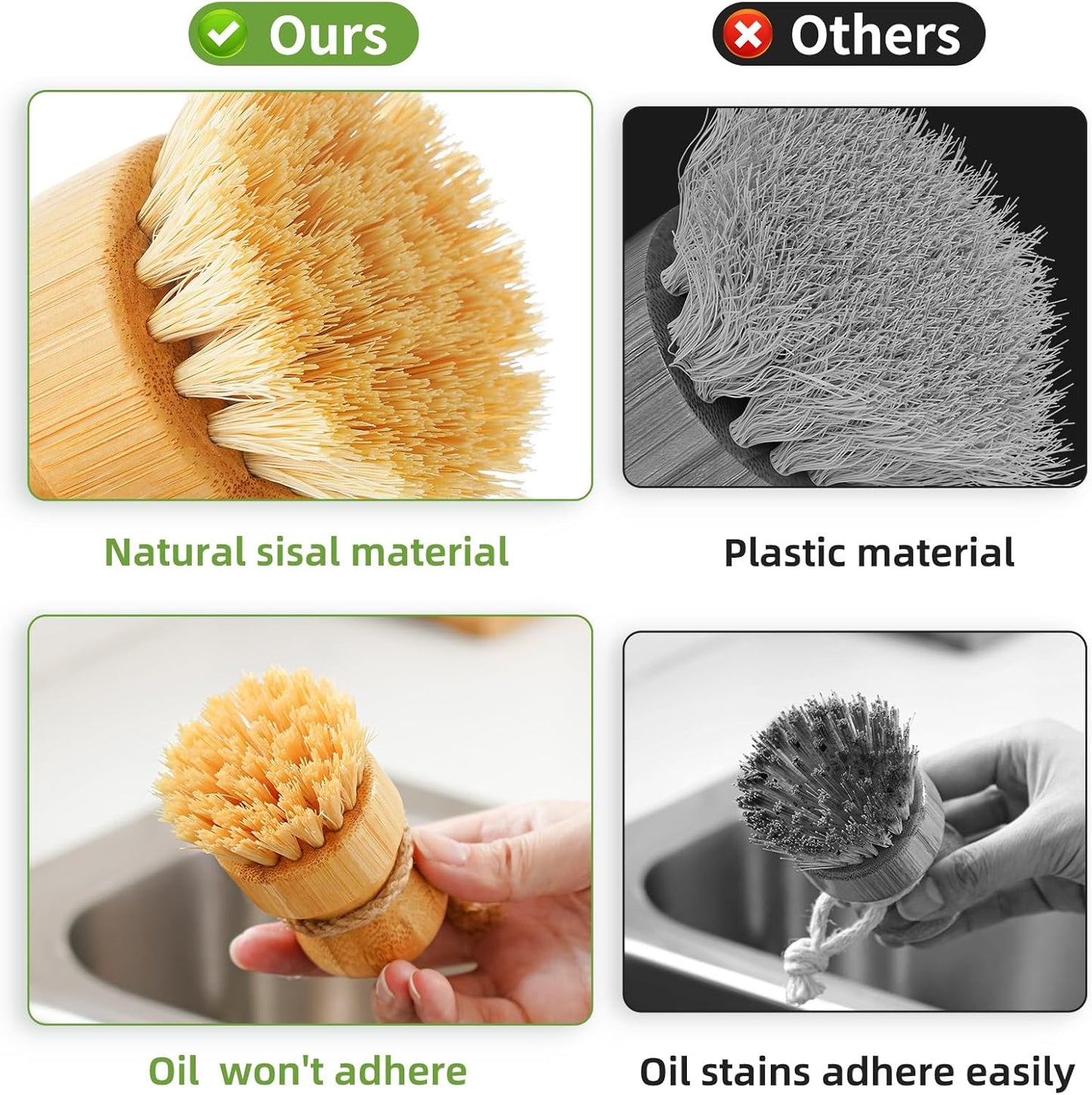 Bamboo Dish Scrub Brushes by Subekyu, Kitchen Wooden Cleaning Scrubbers Set for Washing Cast Iron Pan/Pot, Natural Sisal Bristles, Set of 3