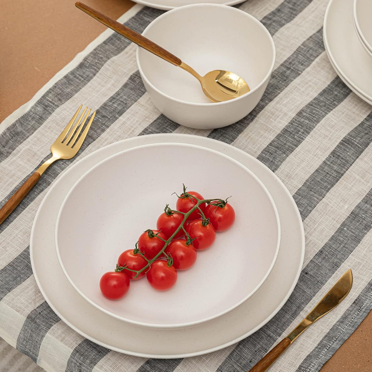 LEHAHA Bamboo White Kitchen Plates and Bowls Set, 12 Piece Non-Breakable Melamine Dinnerware Sets, Eco-Friendly Dishes Sets for 4, 12 Piece Reusable Tableware Set for Outdoor Dining, Patios, Rvs, BBQ