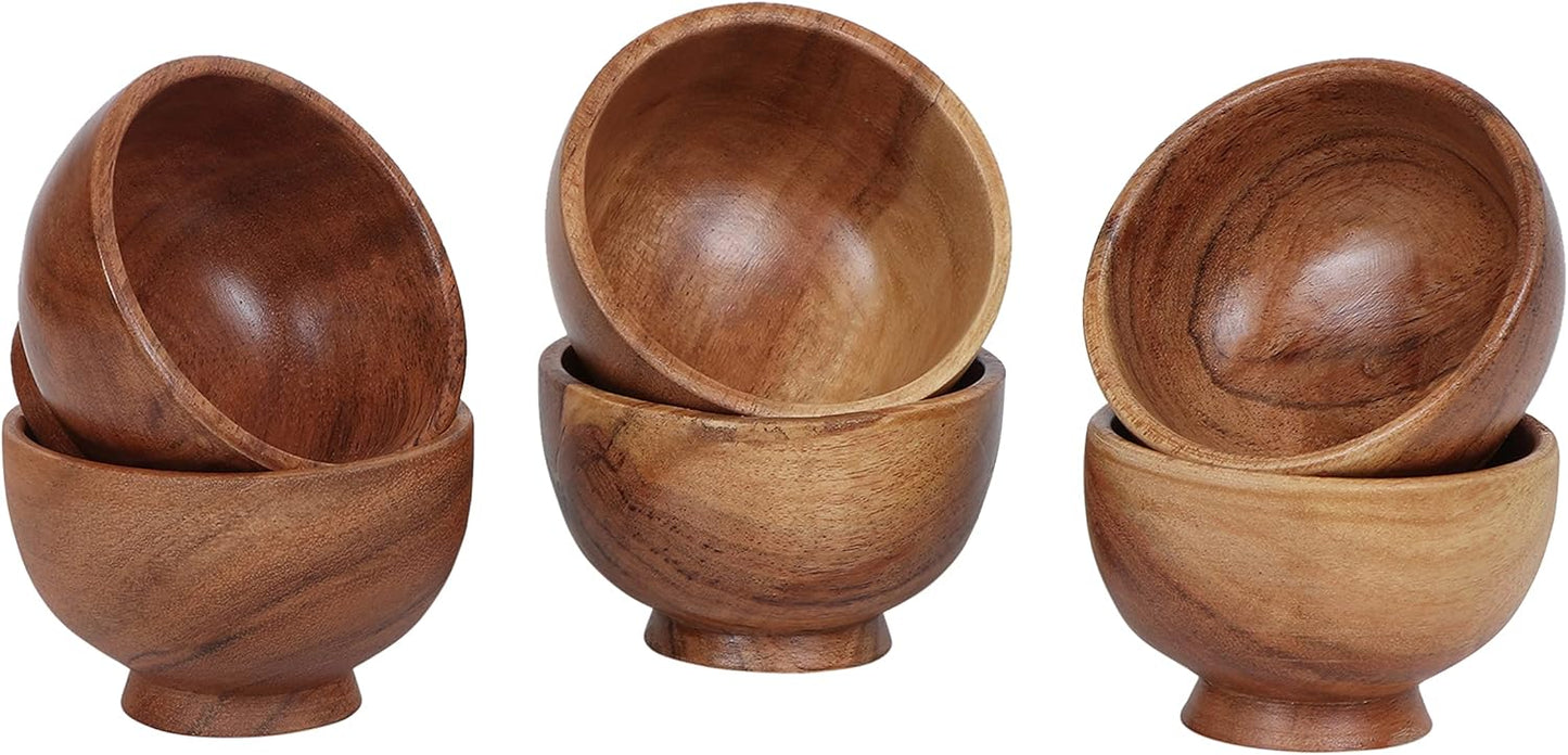 Set of 6 Acacia Wood Small Bowls, 4 Fl Oz 3.25 * 2 Inches | Hand Carved Wooden Kitchen Mini Cups for Dipping Sauce, Salsa, Prep, Salt & Condiments | Charcuterie Board Accessories