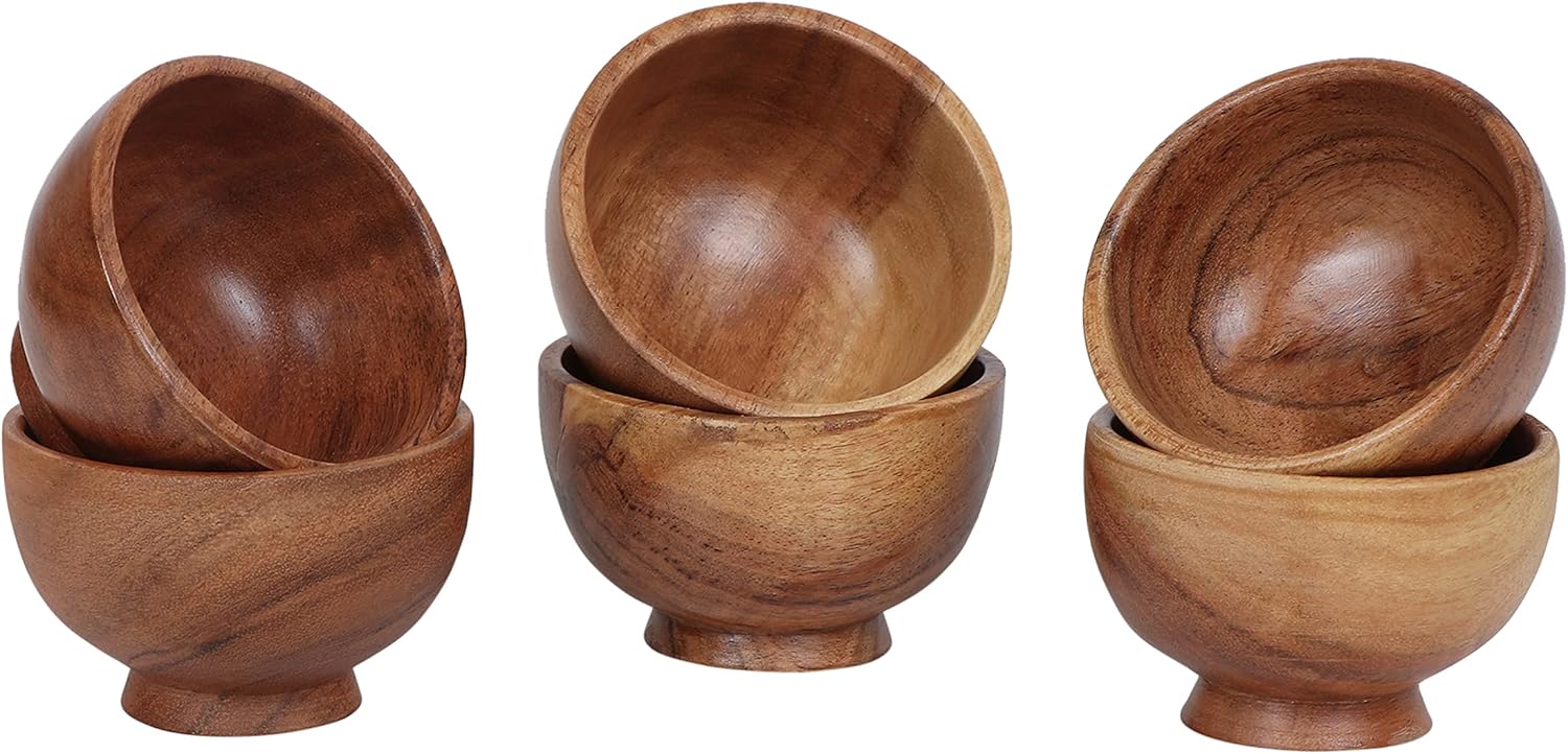 Set of 6 Acacia Wood Small Bowls, 4 Fl Oz 3.25 * 2 Inches | Hand Carved Wooden Kitchen Mini Cups for Dipping Sauce, Salsa, Prep, Salt & Condiments | Charcuterie Board Accessories