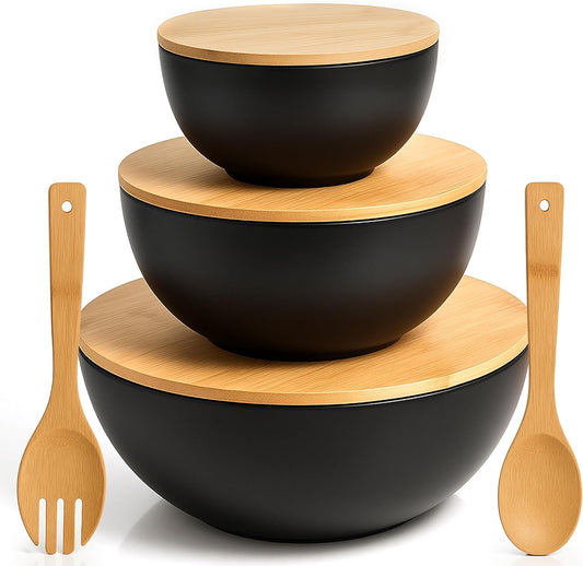 Vdomus Salad Serving Bowls with Lids - 5X10X10-Inch Bamboo Fiber Bowl Set with Wooden Lids - Multi-Purpose Bowl and Board Set for Kitchen - Mixing Bowl Set for Serving and Preparing Food - Set of 3