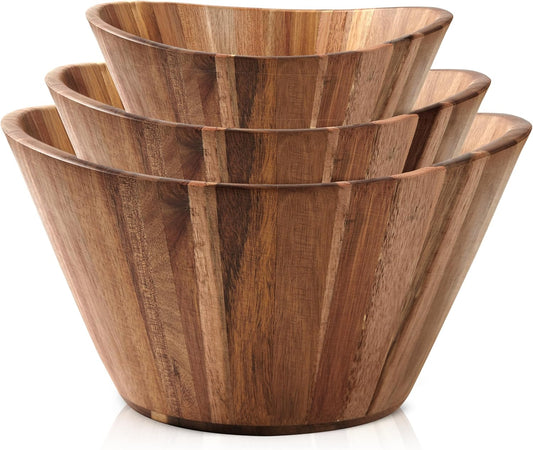 Wooden Salad Bowl Set, Salad Bowls Set of 3 - Wavy Design Salad Bowl Set for Serving, Handmade, Durable and Stylish Natural Wood Dining Accessory by Woodenhouse