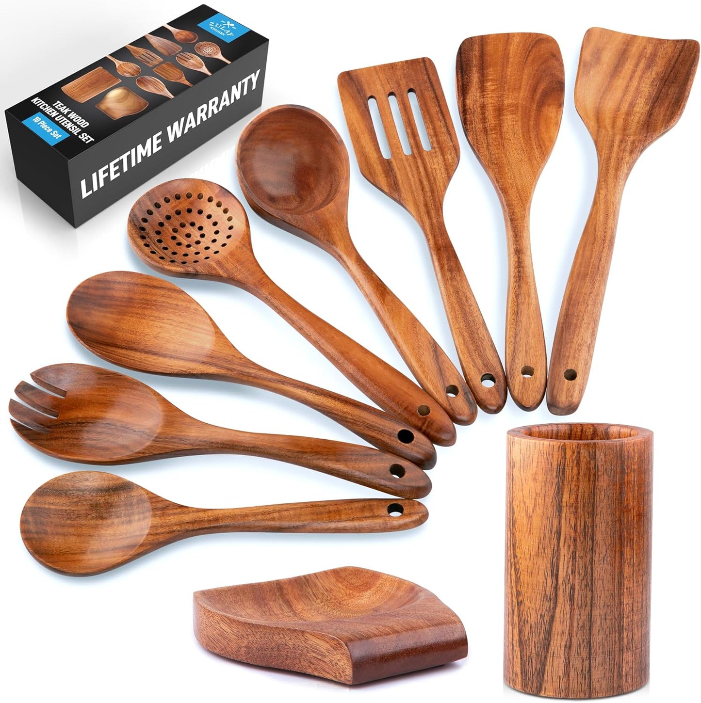 Zulay Kitchen 6-Piece Wooden Cooking Spoons Set – Heat-Resistant, Smooth Teak Utensils with Comfort Grip – Lightweight & Durable – Easy to Clean, Perfect for Non-Stick Cookware