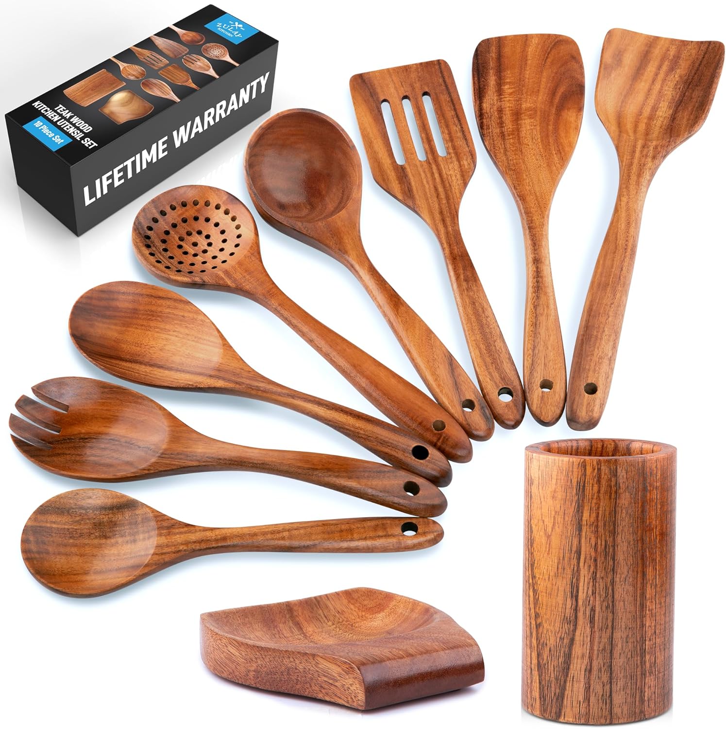 Zulay Kitchen 6-Piece Wooden Cooking Spoons Set – Heat-Resistant, Smooth Teak Utensils with Comfort Grip – Lightweight & Durable – Easy to Clean, Perfect for Non-Stick Cookware