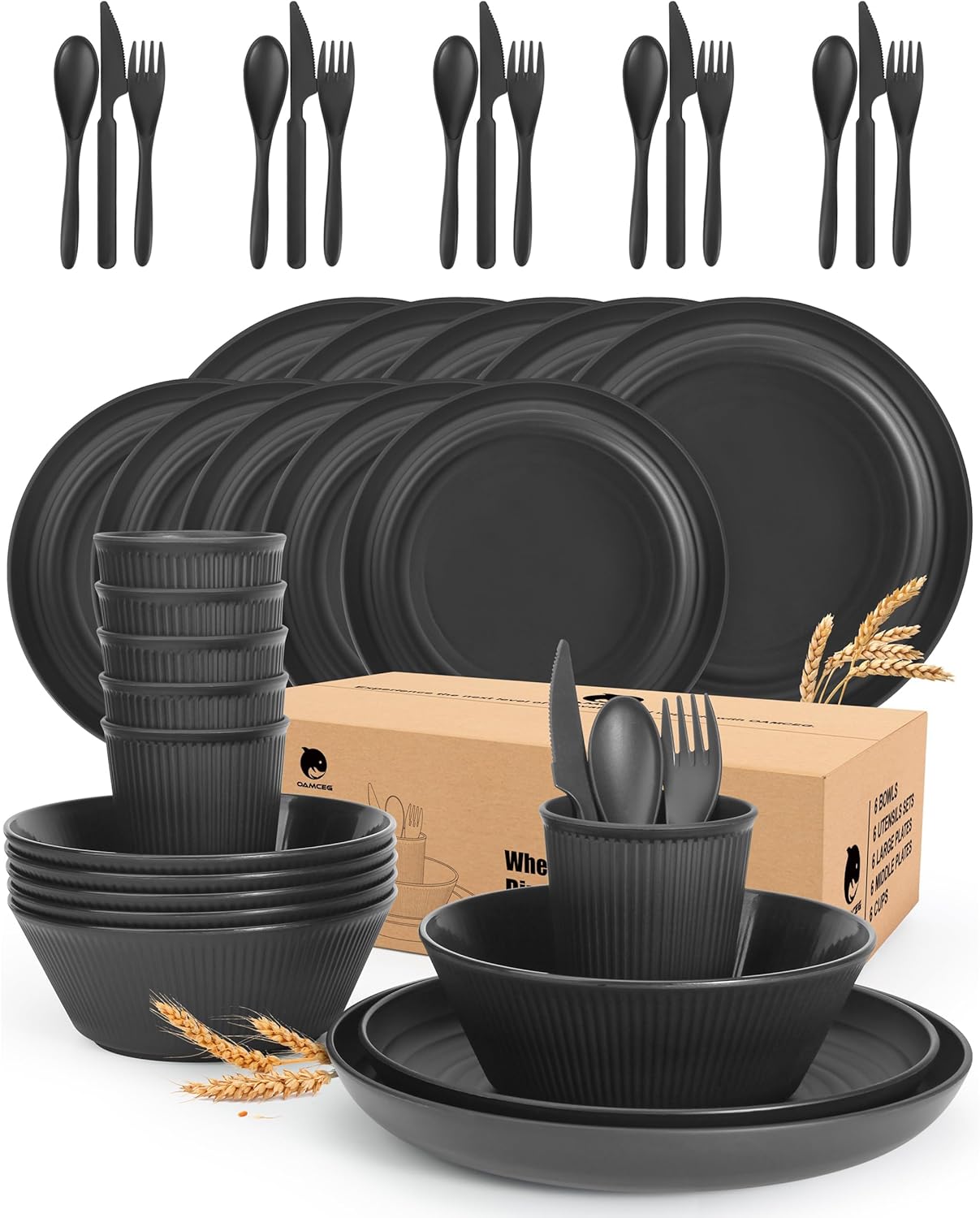 OAMCEG Wheat Straw Dinnerware Sets 42 Pcs, Plastic Wheatstraw Plates and Bowls Sets Kitchen Set for 6, Unbreakable Dishwasher Microwave Safe Dinnerware Dish, Kitchen Outdoor Camping Dishes, White