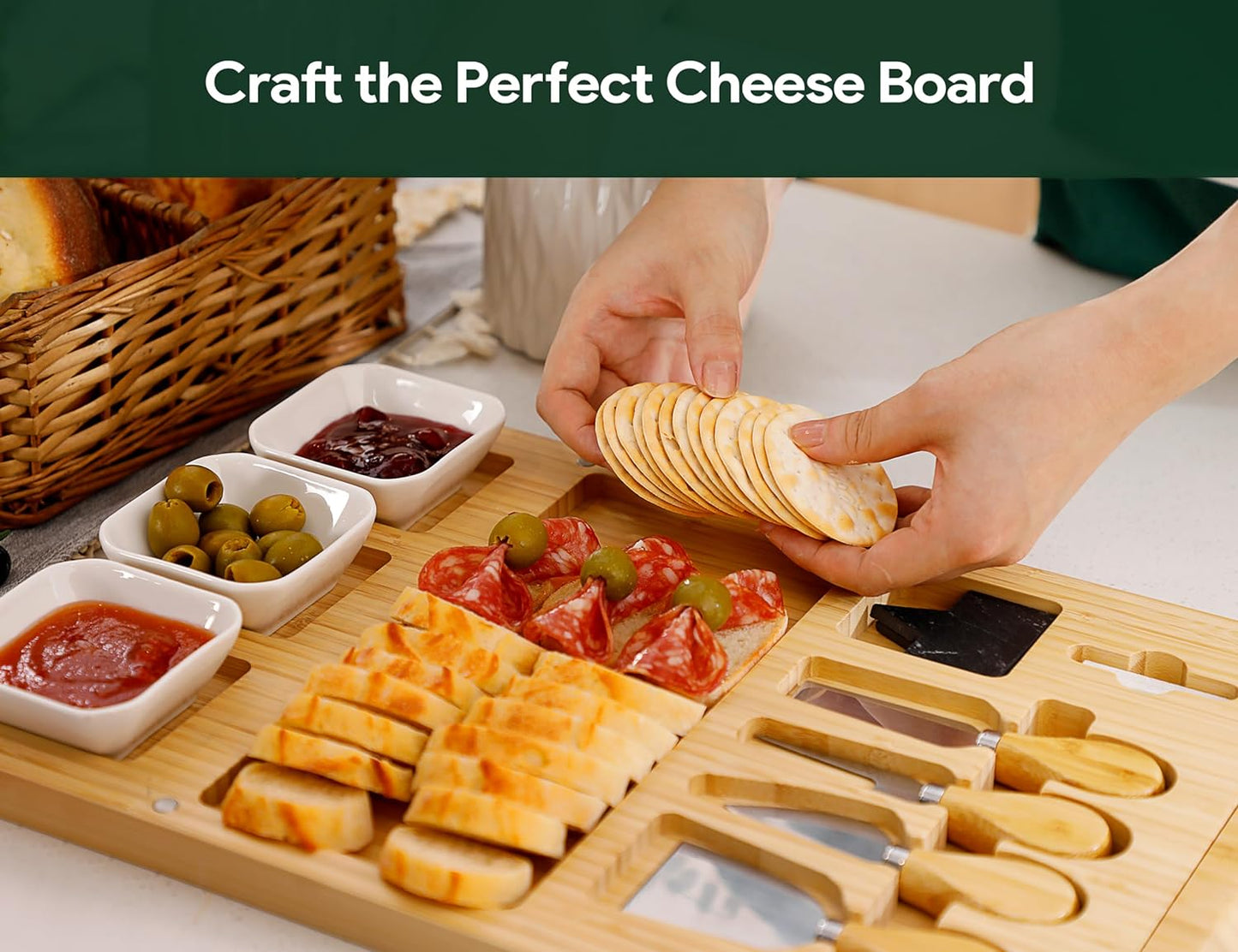 Easoger Bamboo Charcuterie Boards and Knife Set, 3 in 1 Magnetic Extra Large Cheese Board with 3 Bowls, Wedding Gifts, Christmas Gifts, House Warming Gifts for Couples