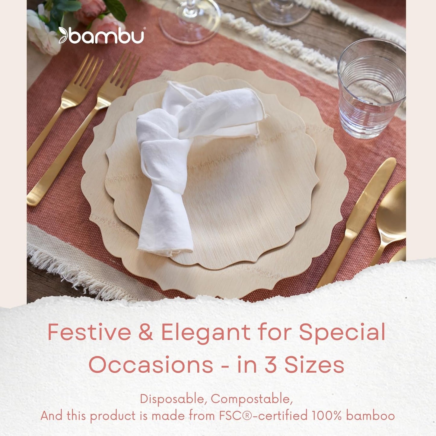 Bambu Pack of 25-11 Inch Disposable Bamboo Plates Fancy, Biodegradable Eco Friendly Products, Bamboo Disposable Plates for Party, Weddings, and Events, Great for Any Occasion, Compostable Plates
