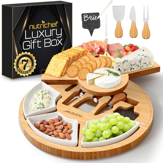 Nutrichef Bamboo Natural Cheese Board Set with Bonus Condiment Cup-Extra Large Size 100% Home Organic Wooden Plate and Charcuterie Tray with 4 Pcs Cutting Knife Slicer, 13" Round
