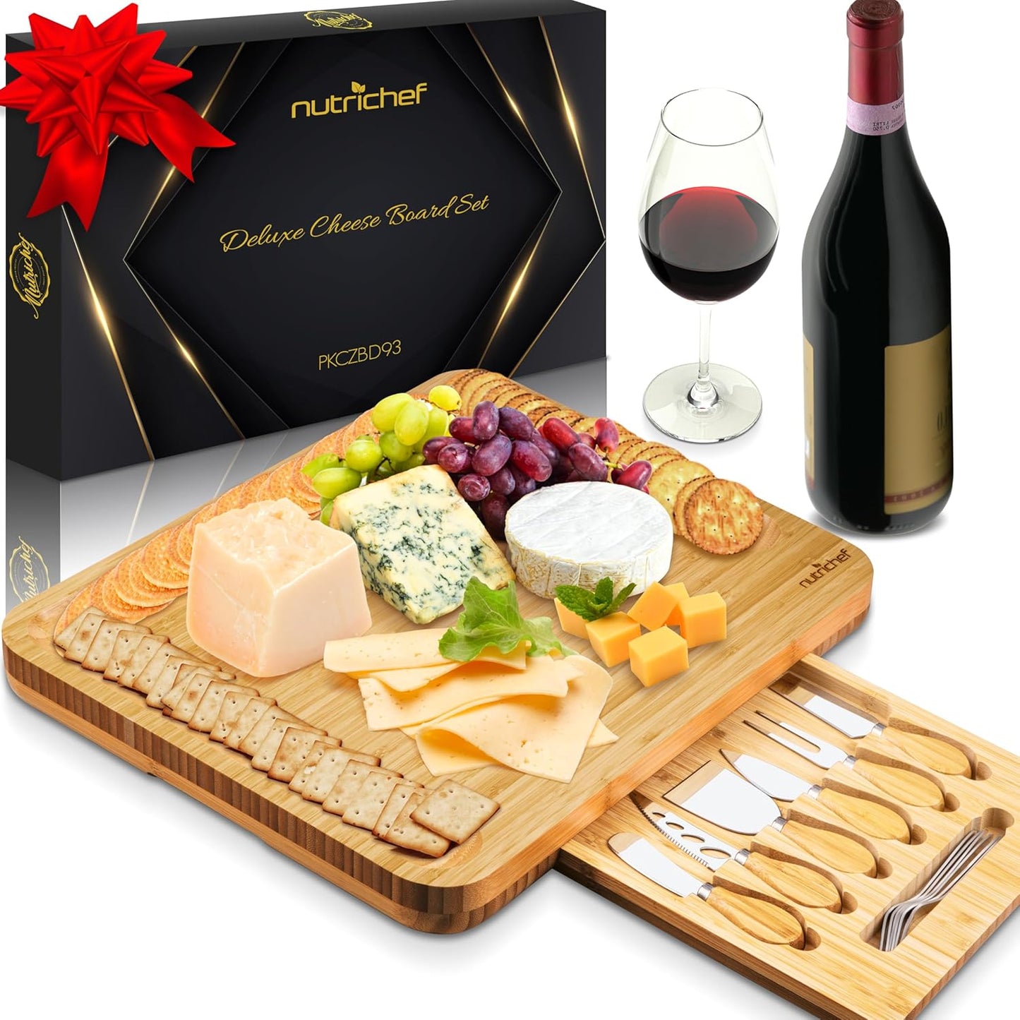Nutrichef Bamboo Natural Cheese Board Set with Bonus Condiment Cup-Extra Large Size 100% Home Organic Wooden Plate and Charcuterie Tray with 4 Pcs Cutting Knife Slicer, 13" Round
