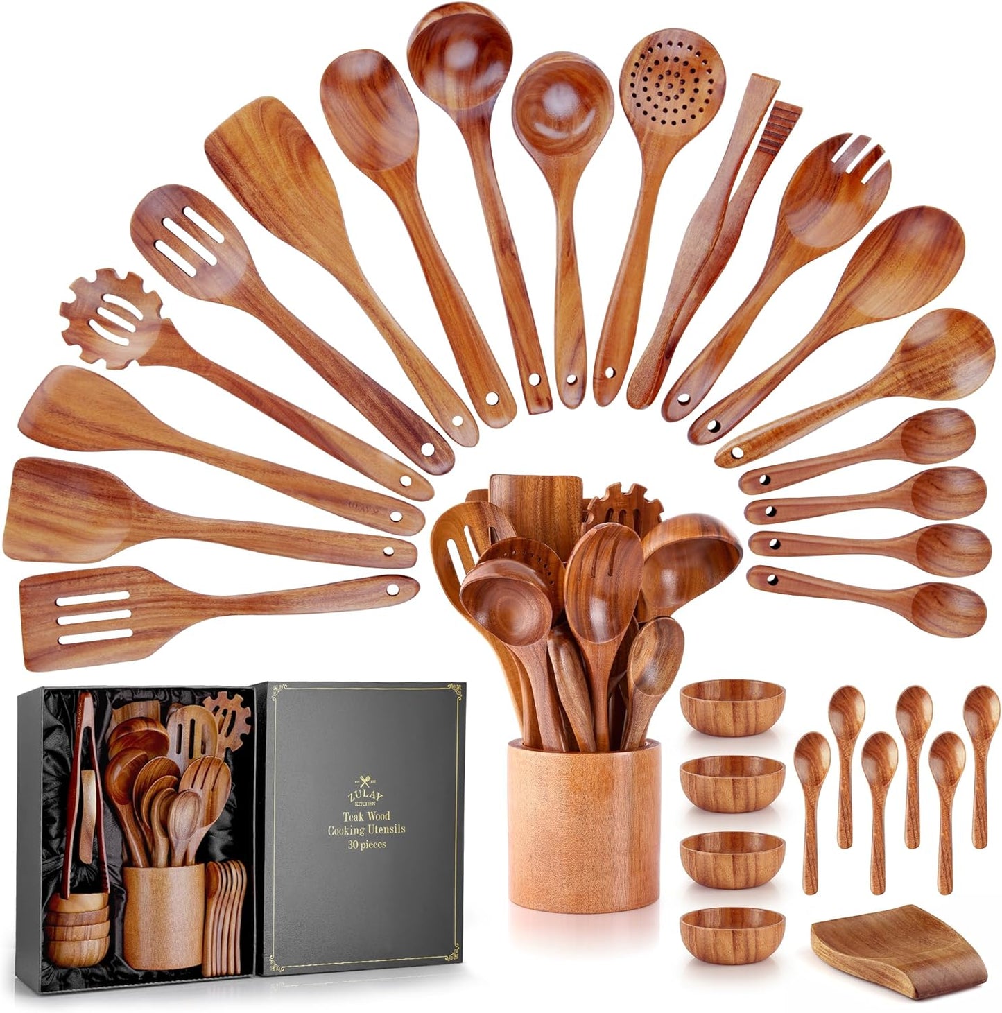 Zulay Kitchen 6-Piece Wooden Cooking Spoons Set – Heat-Resistant, Smooth Teak Utensils with Comfort Grip – Lightweight & Durable – Easy to Clean, Perfect for Non-Stick Cookware