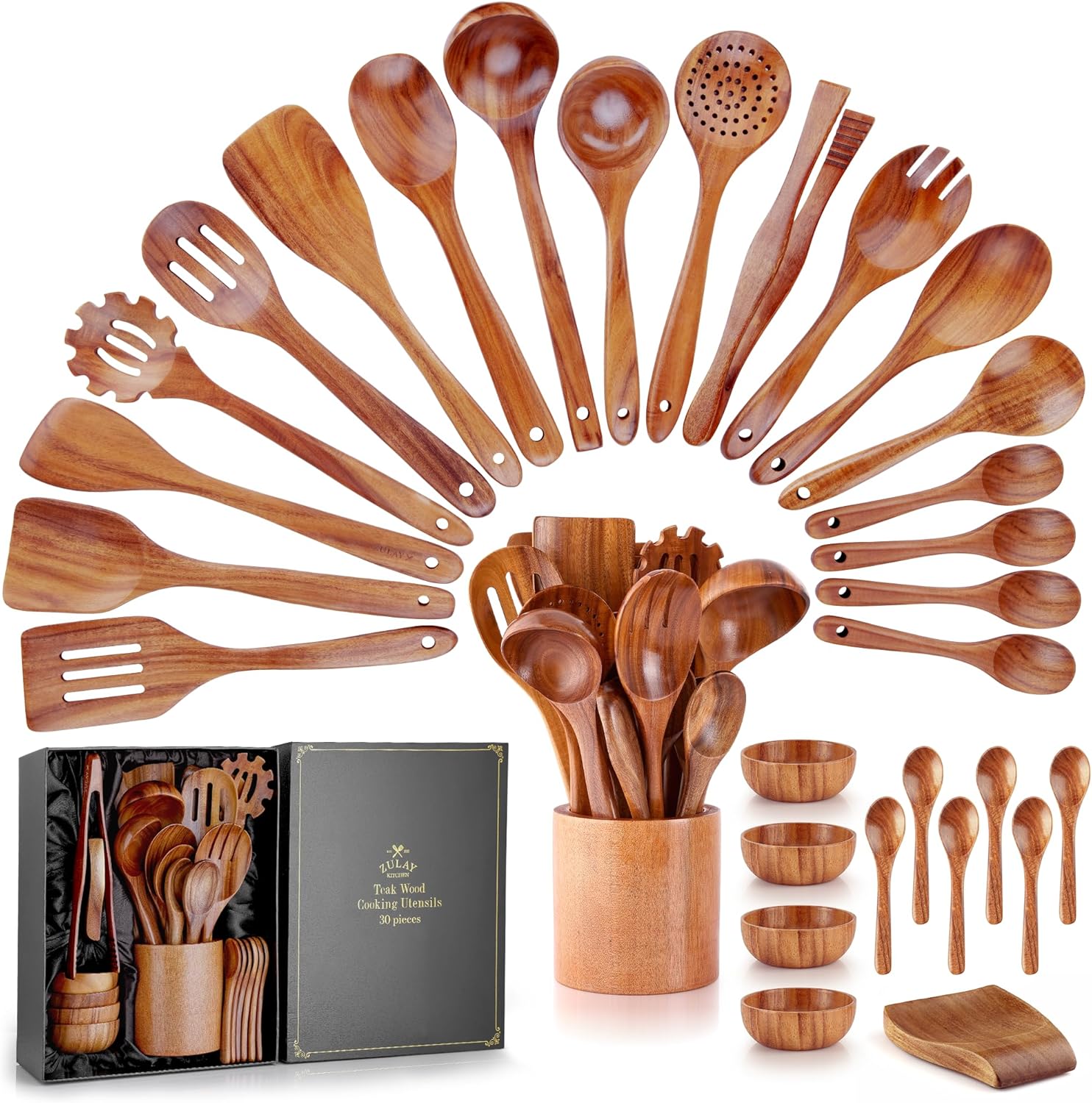 Zulay Kitchen 6-Piece Wooden Cooking Spoons Set – Heat-Resistant, Smooth Teak Utensils with Comfort Grip – Lightweight & Durable – Easy to Clean, Perfect for Non-Stick Cookware