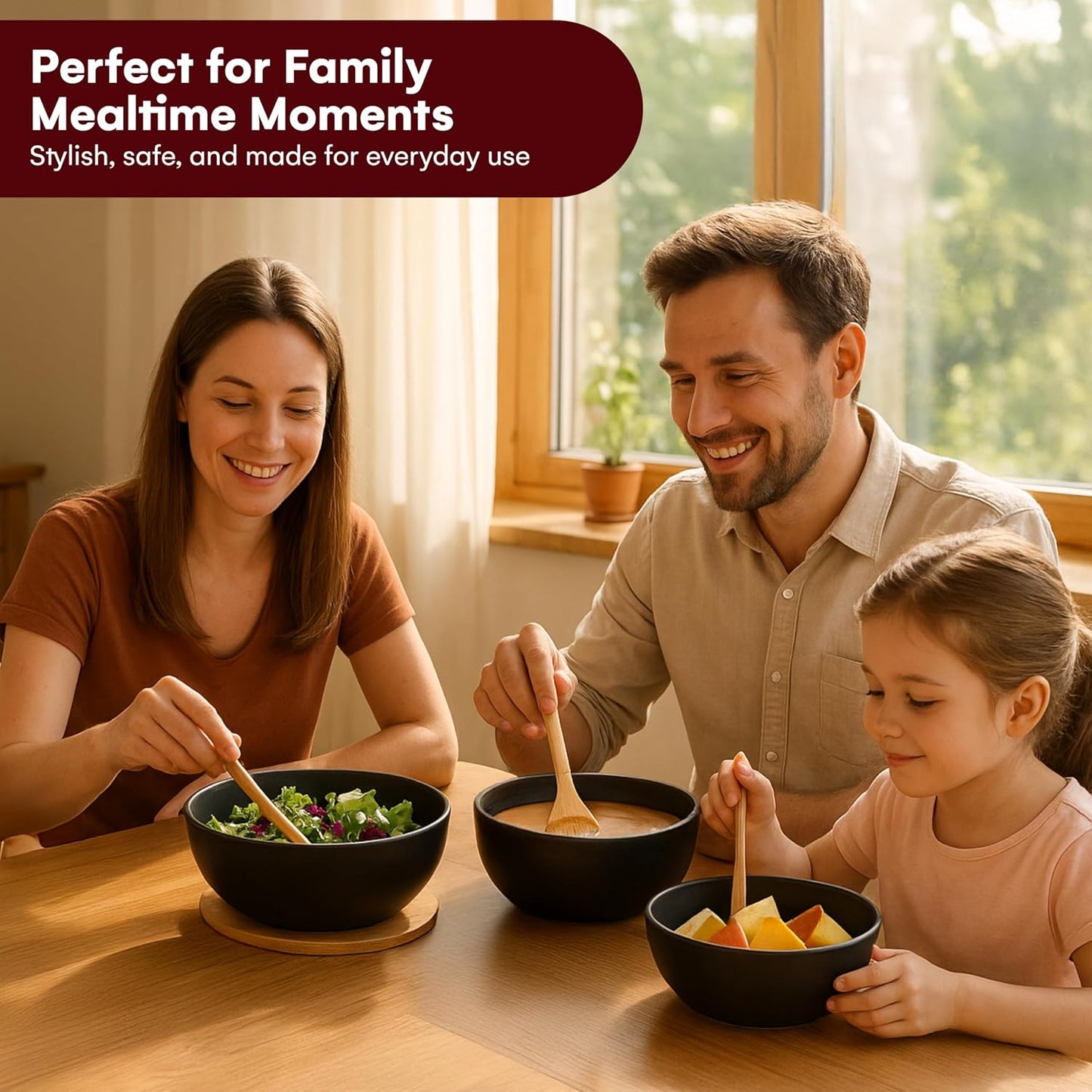 Vdomus Salad Serving Bowls with Lids - 5X10X10-Inch Bamboo Fiber Bowl Set with Wooden Lids - Multi-Purpose Bowl and Board Set for Kitchen - Mixing Bowl Set for Serving and Preparing Food - Set of 3