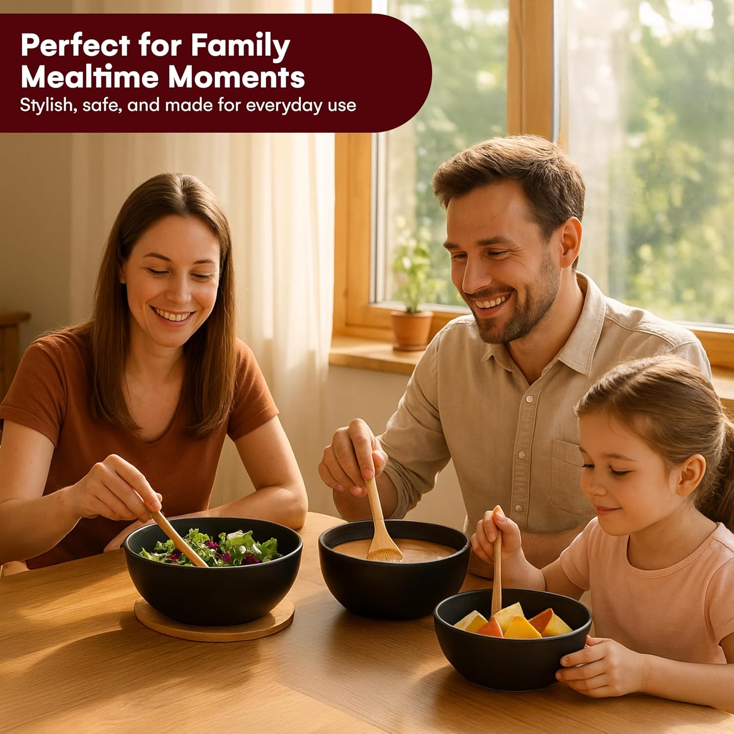 Vdomus Salad Serving Bowls with Lids - 5X10X10-Inch Bamboo Fiber Bowl Set with Wooden Lids - Multi-Purpose Bowl and Board Set for Kitchen - Mixing Bowl Set for Serving and Preparing Food - Set of 3