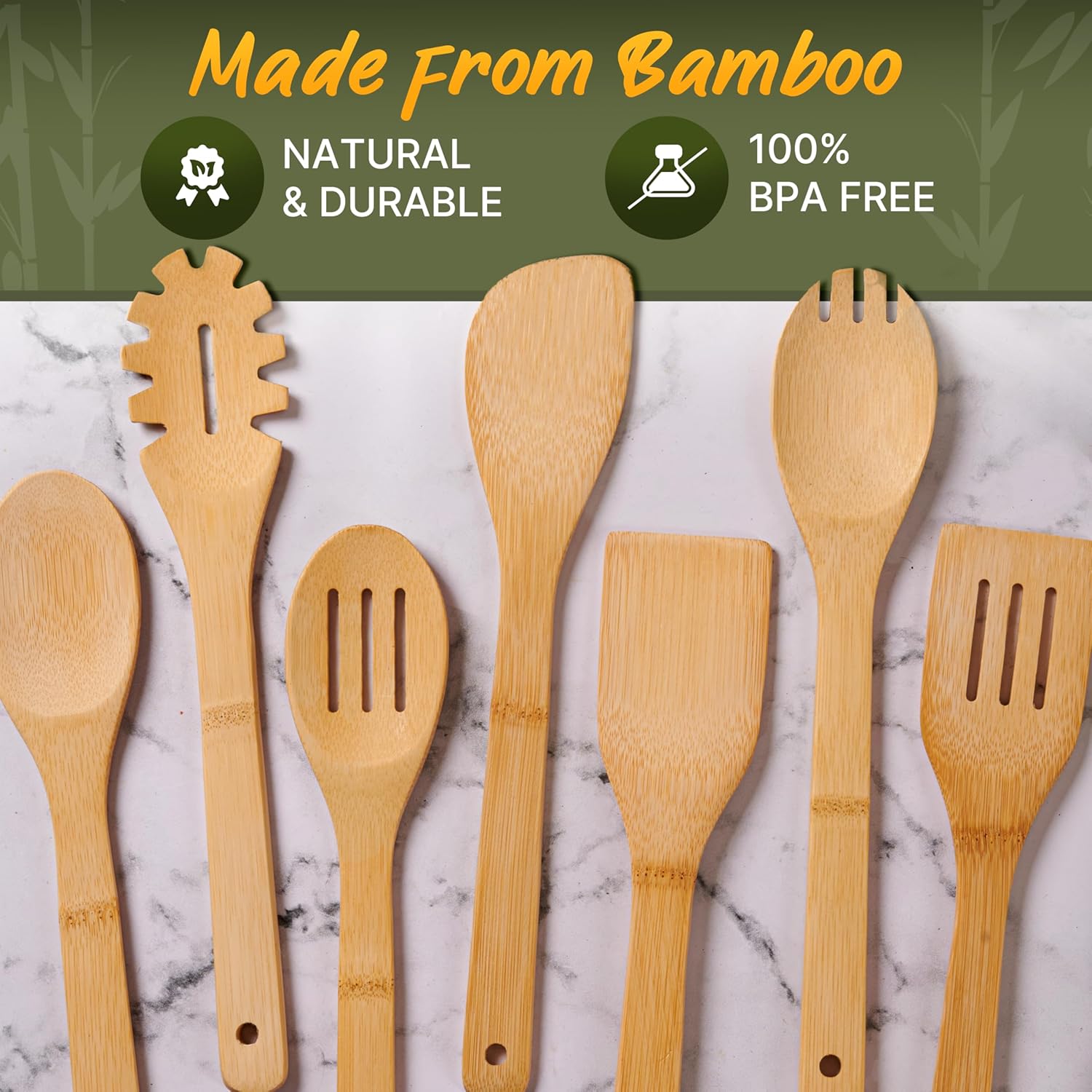 Wooden Utensil Set, Bamboo Utensils – 7 Pcs Wood Spoons for Cooking, Easy to Clean, Sturdy, Lightweight & Heat Resistant