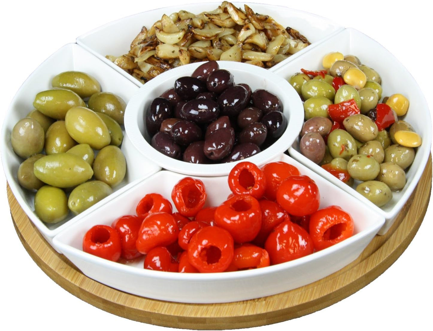 Elama Ceramic Stoneware Condiment Appetizer Set, 6 Piece, Compartment round in White and Natural Bamboo