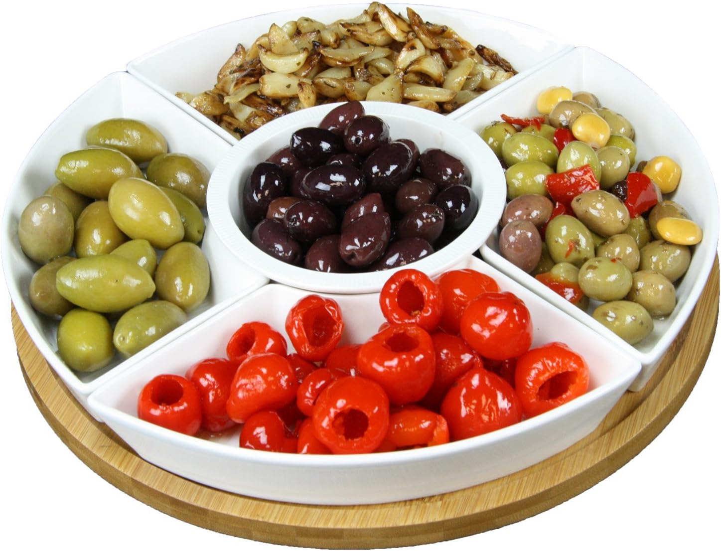 Elama Ceramic Stoneware Condiment Appetizer Set, 6 Piece, Compartment round in White and Natural Bamboo