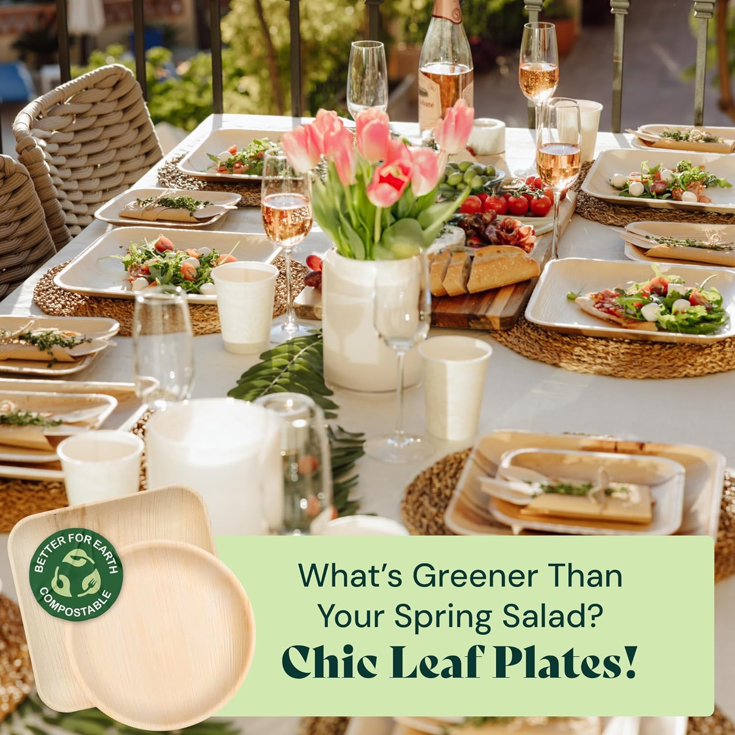 Chic Leaf Compostable & Biodegradable Palm Leaf Disposable Bamboo Plates - Disposable Party Plates for 4Th of July Appetizers & Charcuterie Boards (6'' - 50 Pack)