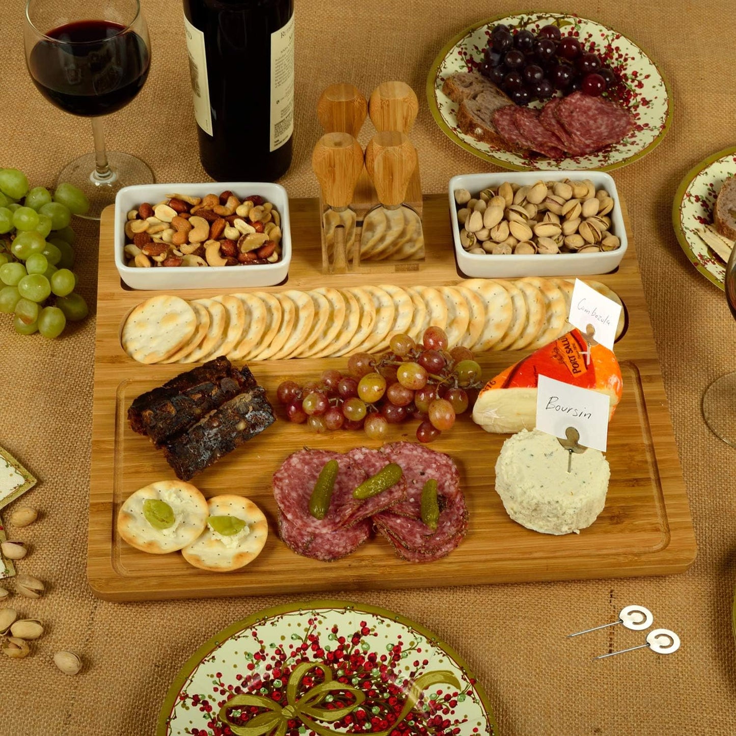 Picnic at Ascot Large Bamboo Cheese Board/Charcuterie Platter with 4 Stainless Steel Tools, 2 Ceramic Trays & Cheese Markers -16" X 13"- Designed & Quality Checked in USA