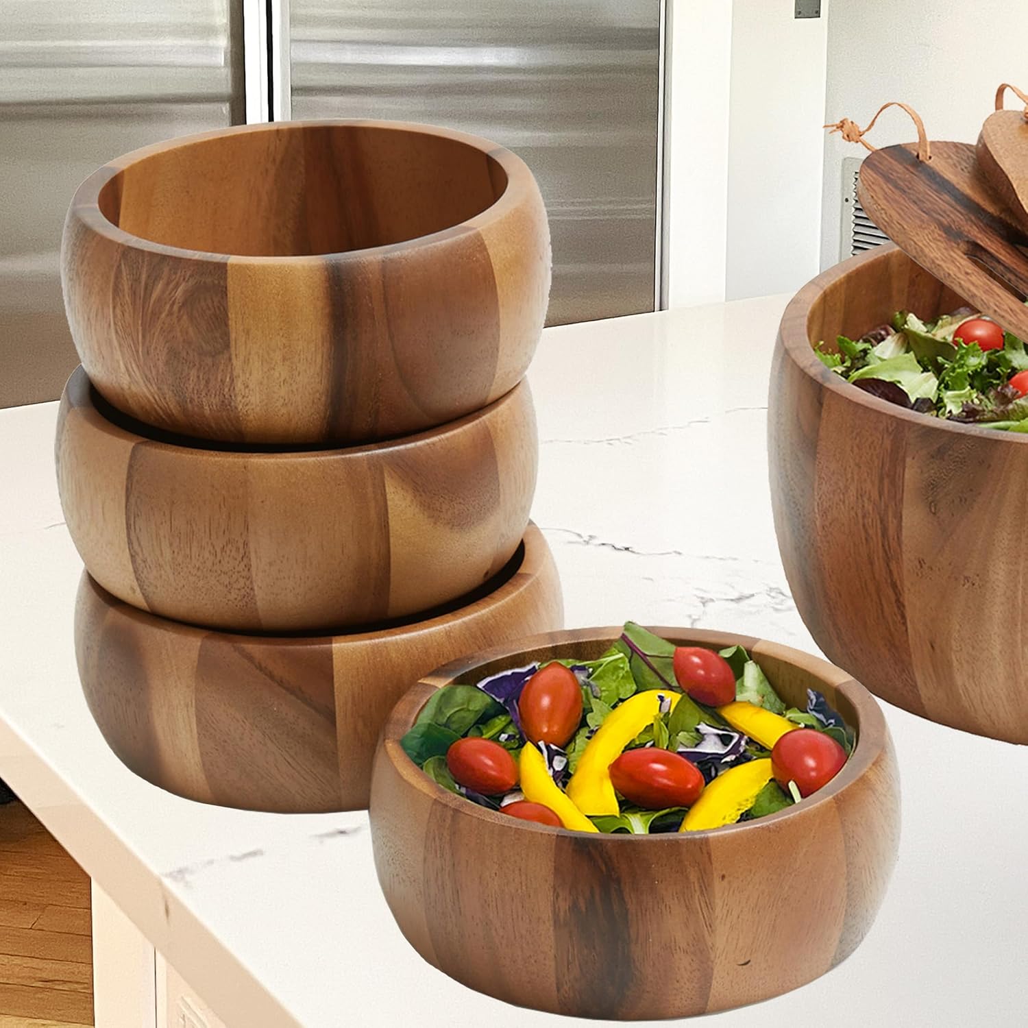 Woodard & Charles Set of 4 Acacia Wood Large Individual Salad Bowls, Snack Serving Bowls, 6 1/2" X 2 1/2"