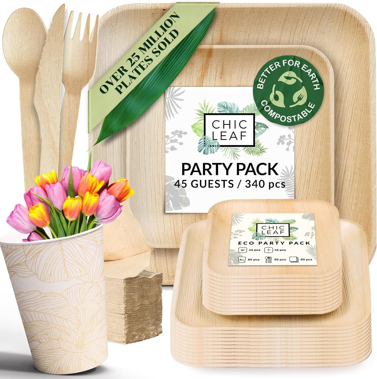 Chic Leaf Compostable & Biodegradable Palm Leaf Disposable Bamboo Plates - Disposable Party Plates for 4Th of July Appetizers & Charcuterie Boards (6'' - 50 Pack)