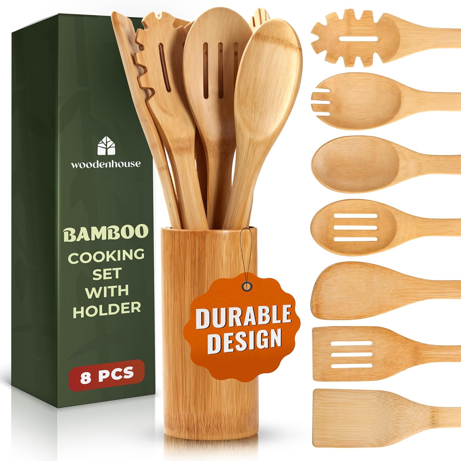 Wooden Utensil Set, Bamboo Utensils – 7 Pcs Wood Spoons for Cooking, Easy to Clean, Sturdy, Lightweight & Heat Resistant
