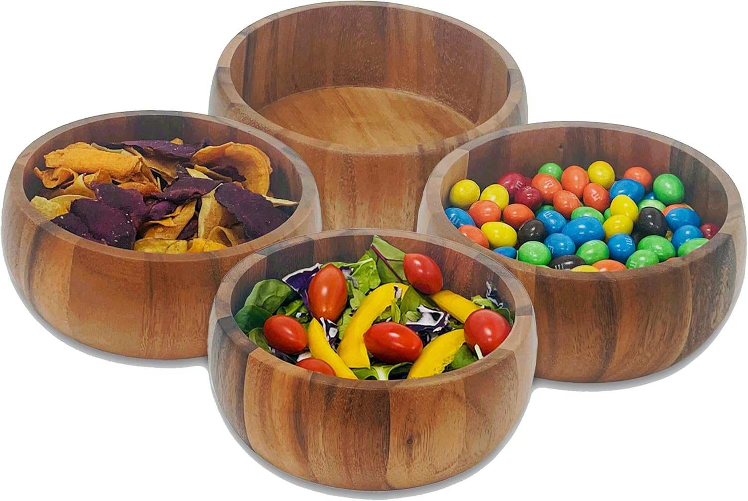Woodard & Charles Set of 4 Acacia Wood Large Individual Salad Bowls, Snack Serving Bowls, 6 1/2" X 2 1/2"