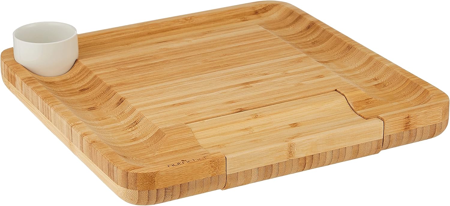 Nutrichef Bamboo Natural Cheese Board Set with Bonus Condiment Cup-Extra Large Size 100% Home Organic Wooden Plate and Charcuterie Tray with 4 Pcs Cutting Knife Slicer, 13" Round