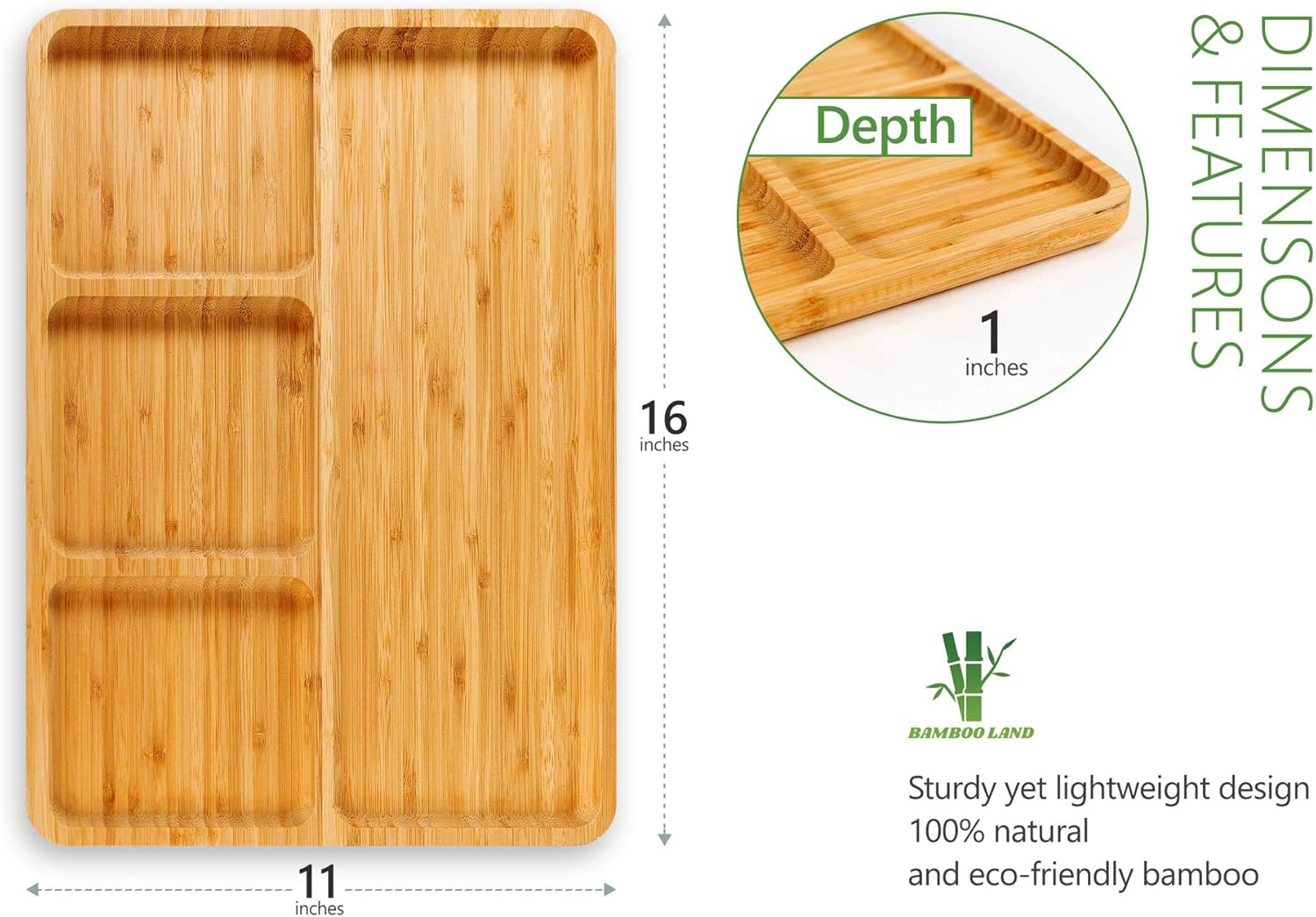 BAMBOO LAND - Bamboo 4-Section Divided Plate, Portion Control for Weight Loss Adults