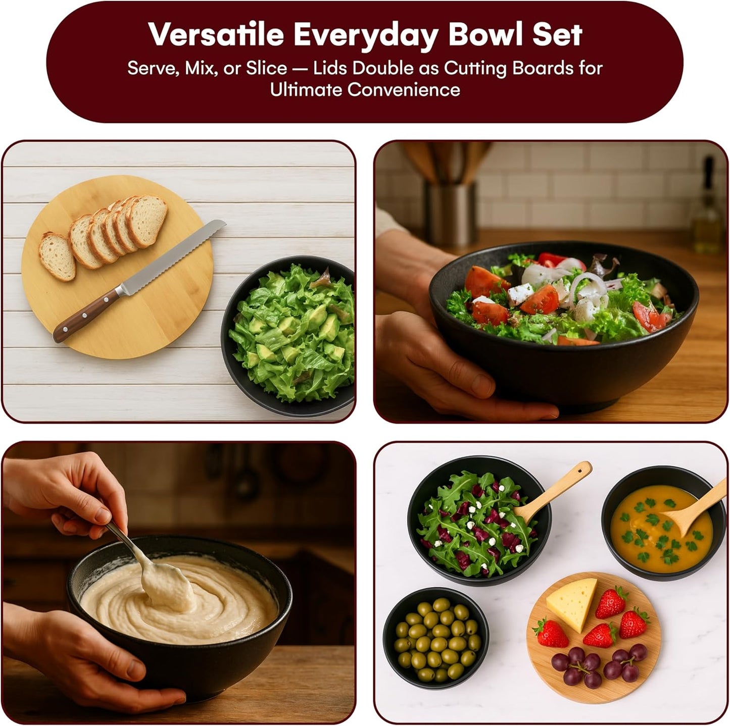 Vdomus Salad Serving Bowls with Lids - 5X10X10-Inch Bamboo Fiber Bowl Set with Wooden Lids - Multi-Purpose Bowl and Board Set for Kitchen - Mixing Bowl Set for Serving and Preparing Food - Set of 3