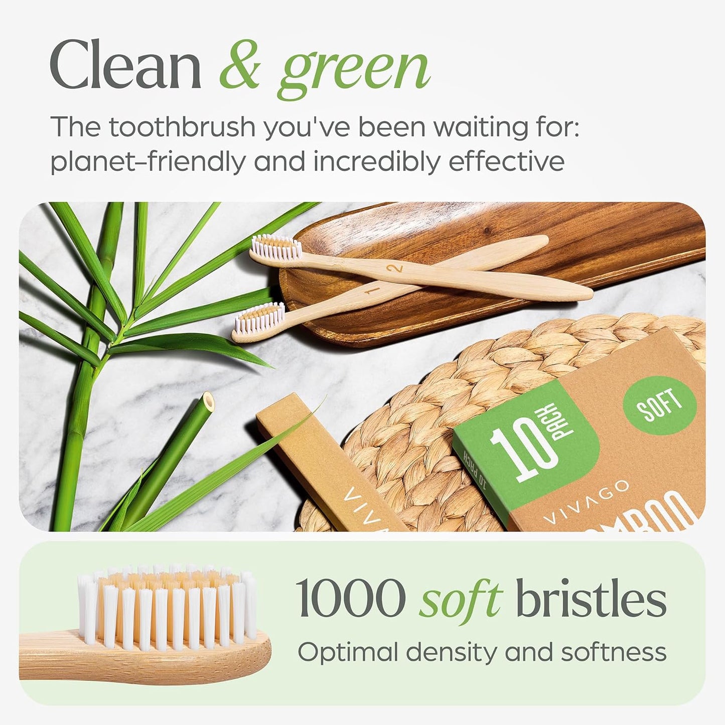 Biodegradable Bamboo Toothbrushes 10 Pack - BPA Free Soft Bristles Toothbrushes, Eco-Friendly, Compostable Natural Wooden Toothbrush