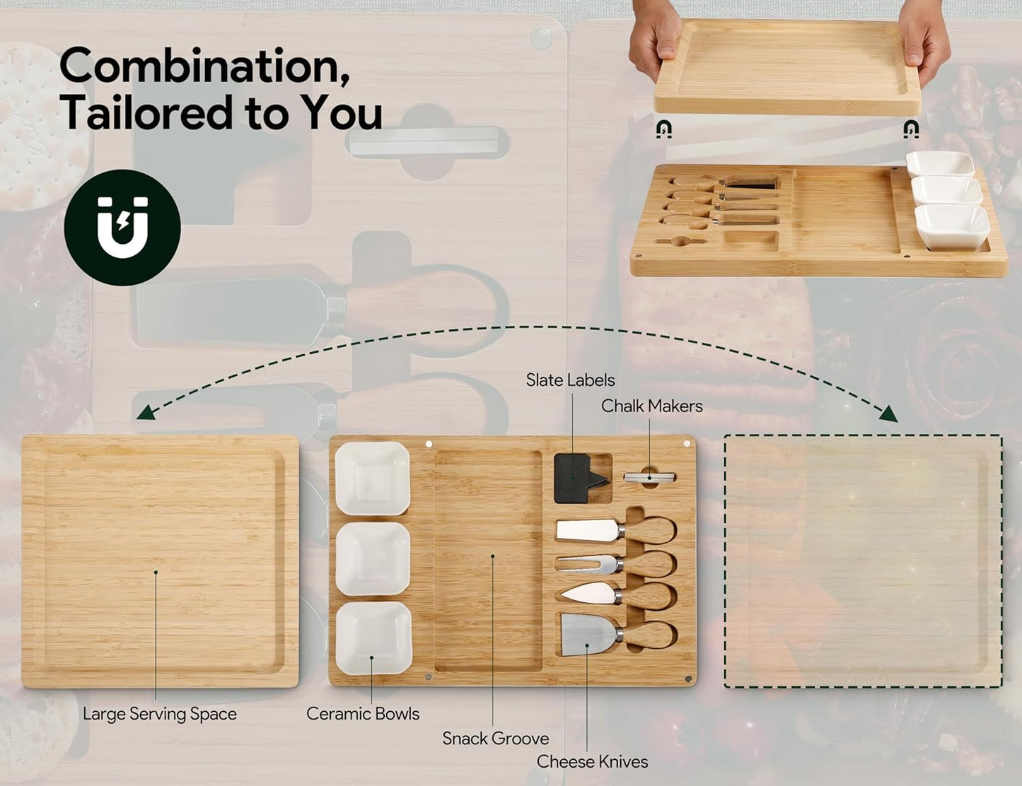 Easoger Bamboo Charcuterie Boards and Knife Set, 3 in 1 Magnetic Extra Large Cheese Board with 3 Bowls, Wedding Gifts, Christmas Gifts, House Warming Gifts for Couples