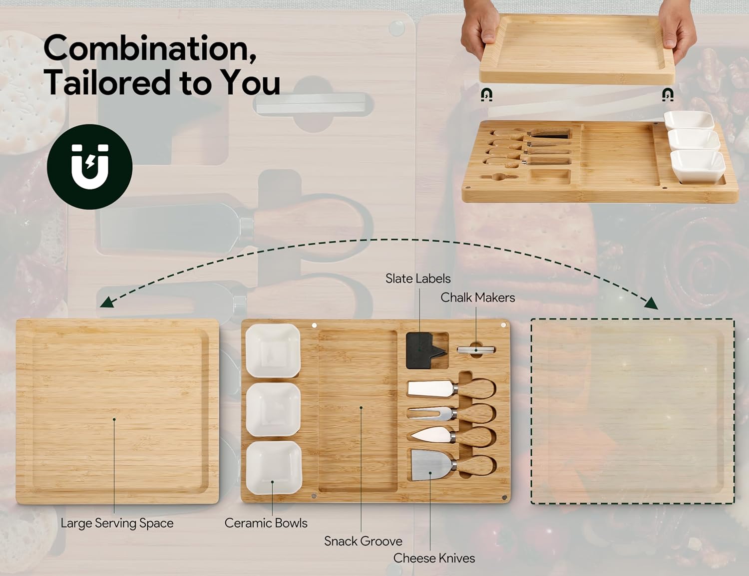 Easoger Bamboo Charcuterie Boards and Knife Set, 3 in 1 Magnetic Extra Large Cheese Board with 3 Bowls, Wedding Gifts, Christmas Gifts, House Warming Gifts for Couples