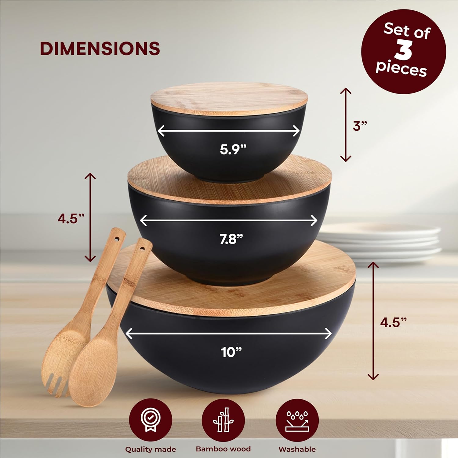 Vdomus Salad Serving Bowls with Lids - 5X10X10-Inch Bamboo Fiber Bowl Set with Wooden Lids - Multi-Purpose Bowl and Board Set for Kitchen - Mixing Bowl Set for Serving and Preparing Food - Set of 3