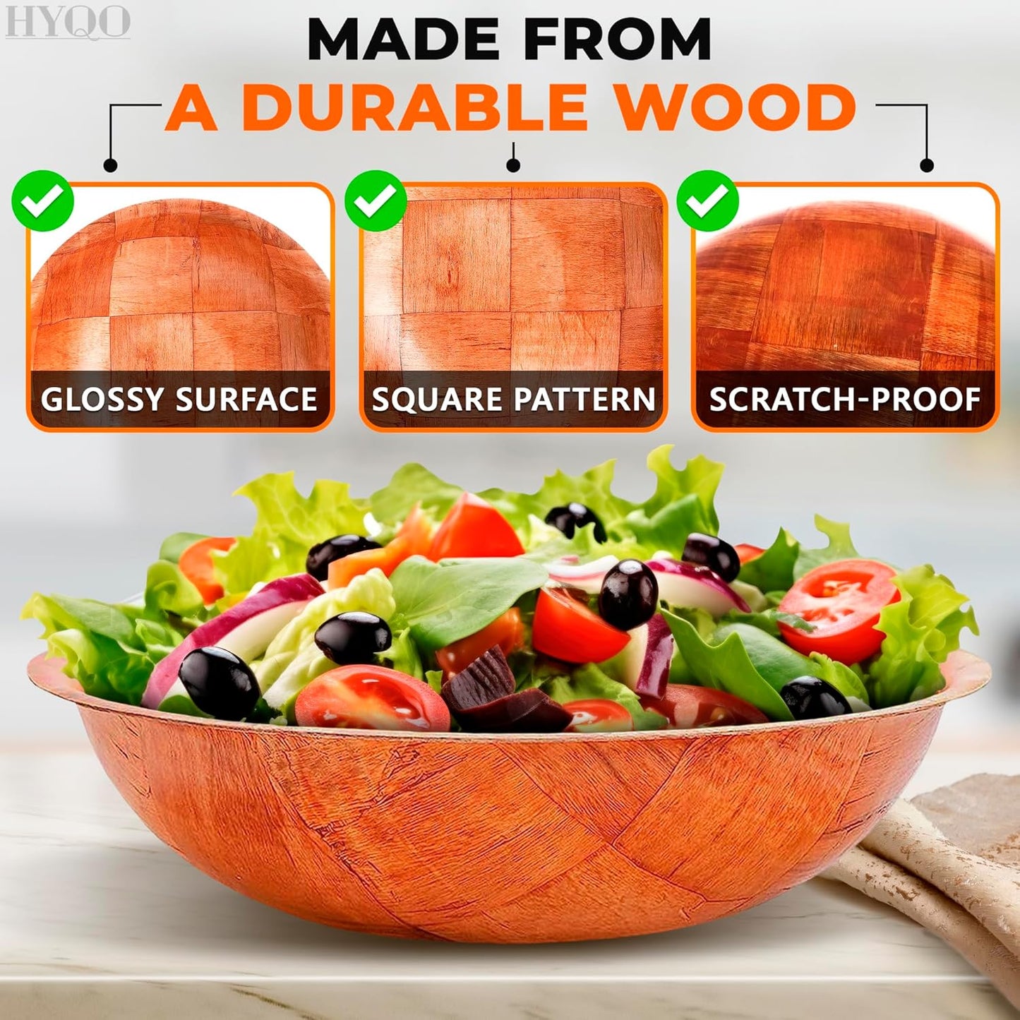 HYQO 6 Pcs Wooden Salad Bowls Large Serving - 8” Wooden Dinner Plates Set 2” Deep with Square Pattern Design for Food, Fruits & Snacks, Entertaining & Decorating - Lightweight, Scratch-Proof