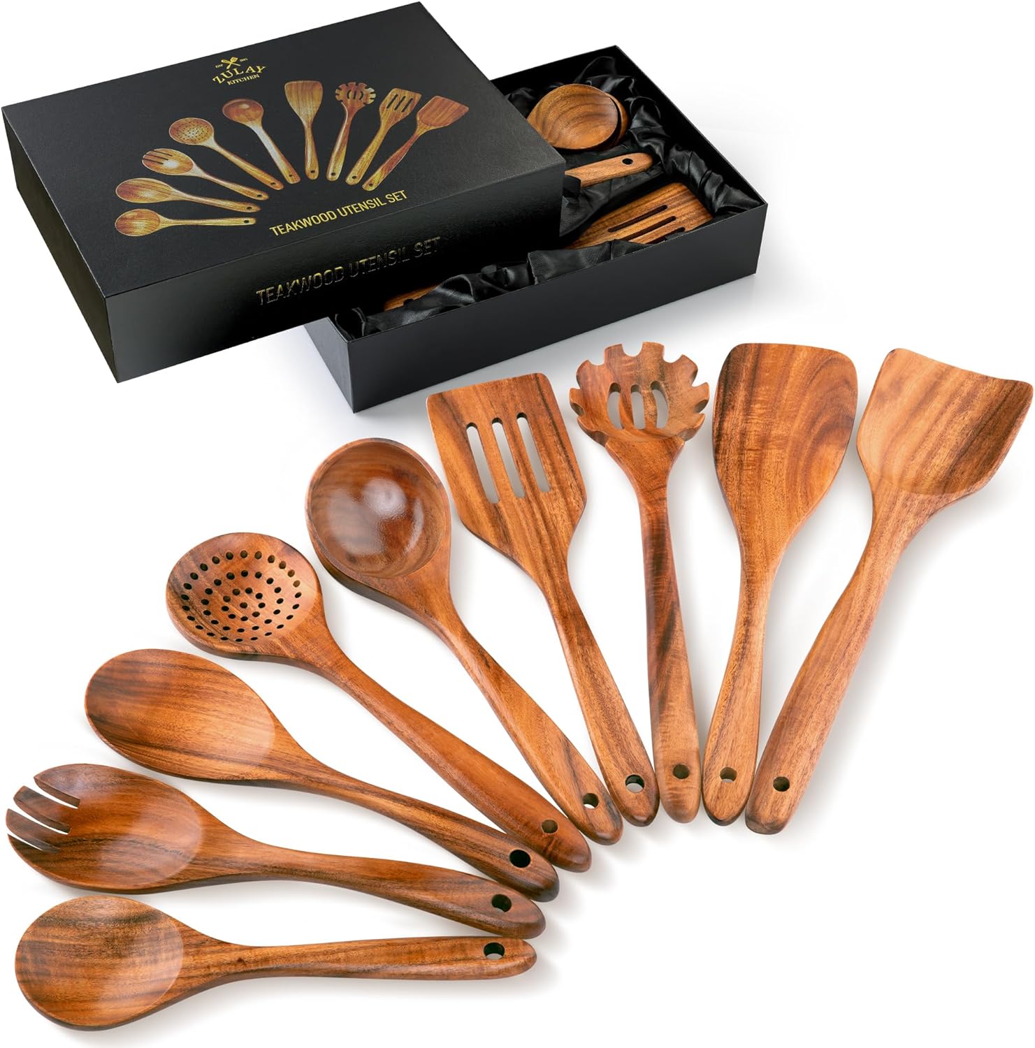 Zulay Kitchen 6-Piece Wooden Cooking Spoons Set – Heat-Resistant, Smooth Teak Utensils with Comfort Grip – Lightweight & Durable – Easy to Clean, Perfect for Non-Stick Cookware