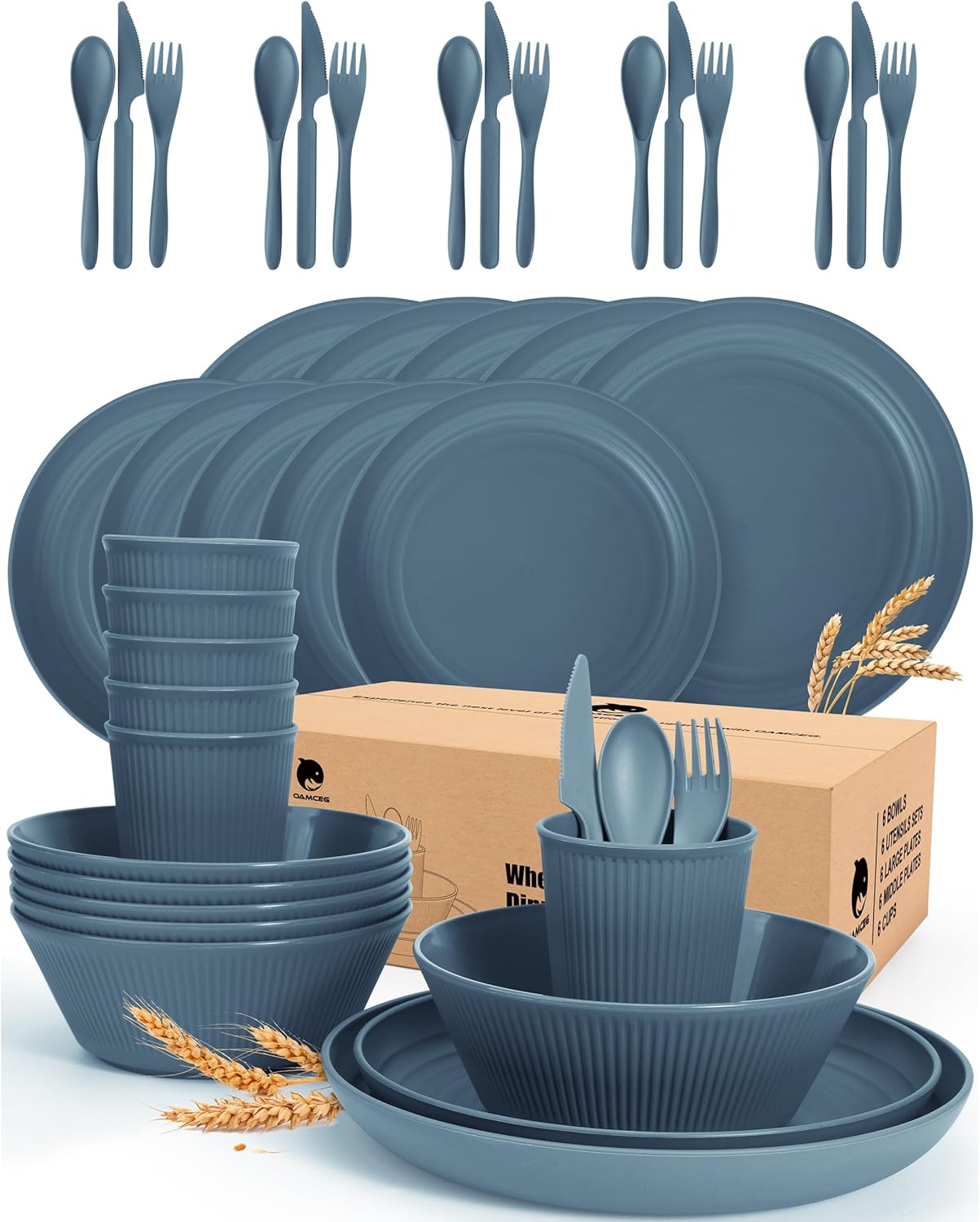 OAMCEG Wheat Straw Dinnerware Sets 42 Pcs, Plastic Wheatstraw Plates and Bowls Sets Kitchen Set for 6, Unbreakable Dishwasher Microwave Safe Dinnerware Dish, Kitchen Outdoor Camping Dishes, White