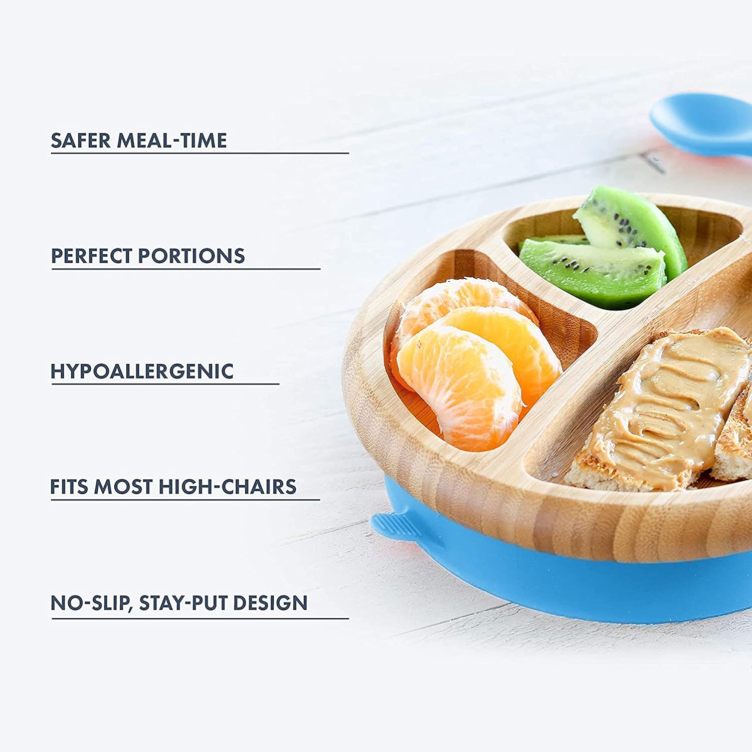 TATA AMG® Bamboo Suction Plate & Bowl with Fork and 2 Spoons | Divided Wooden Feeding Dish for Toddlers | Bpa-Free Baby Led Weaning (BLW) Utensil Set