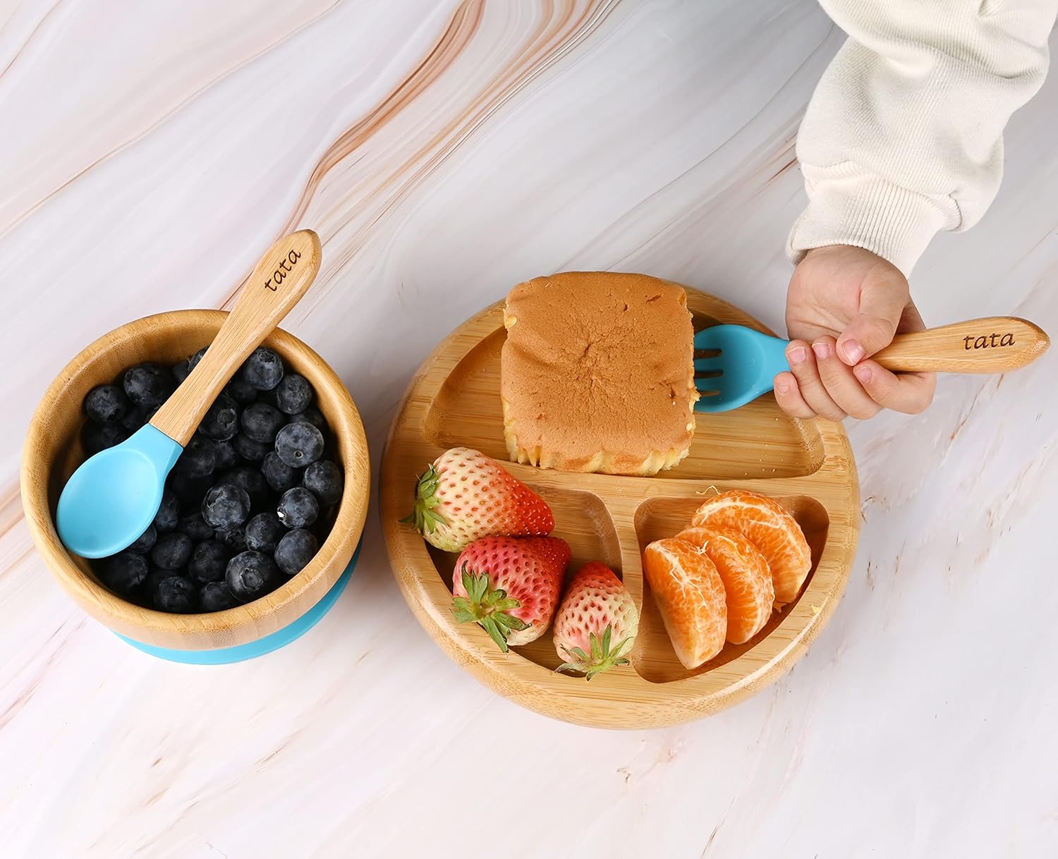 TATA AMG® Bamboo Suction Plate & Bowl with Fork and 2 Spoons | Divided Wooden Feeding Dish for Toddlers | Bpa-Free Baby Led Weaning (BLW) Utensil Set