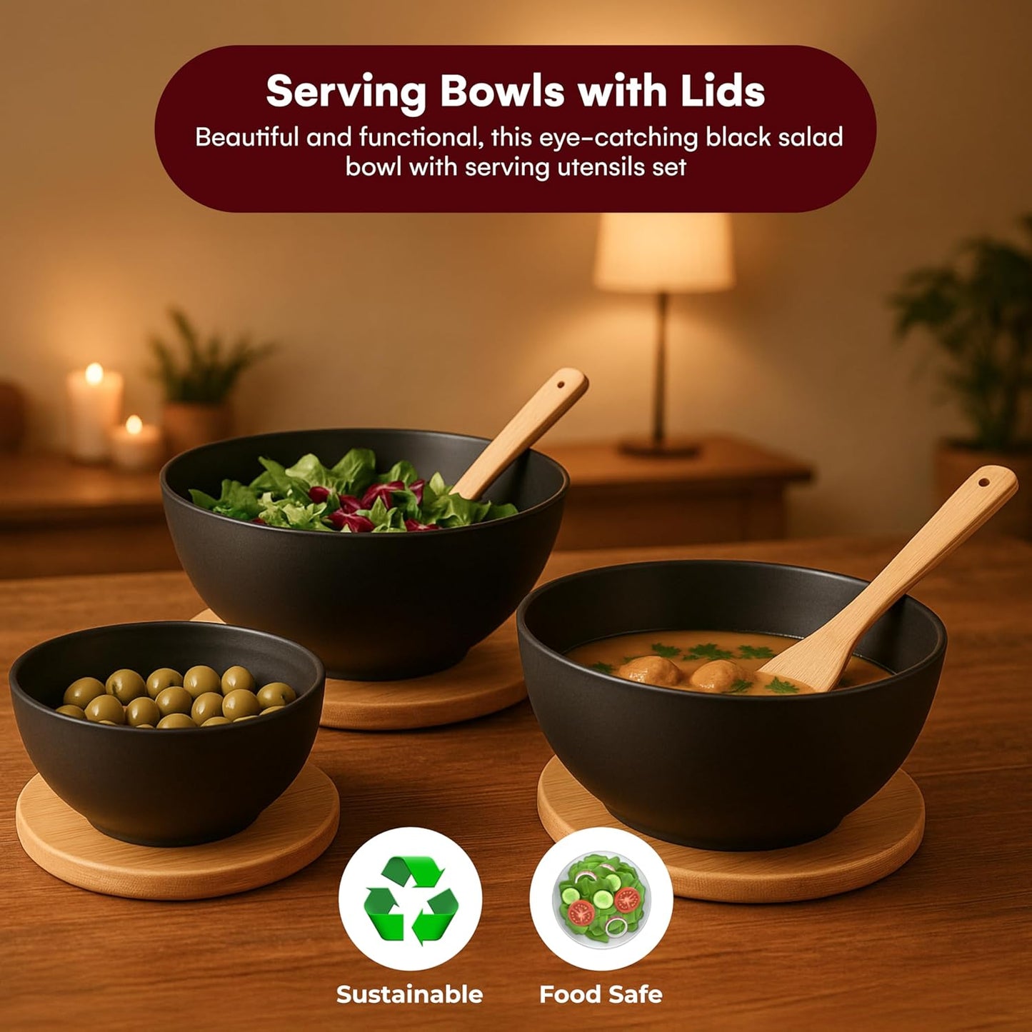 Vdomus Salad Serving Bowls with Lids - 5X10X10-Inch Bamboo Fiber Bowl Set with Wooden Lids - Multi-Purpose Bowl and Board Set for Kitchen - Mixing Bowl Set for Serving and Preparing Food - Set of 3